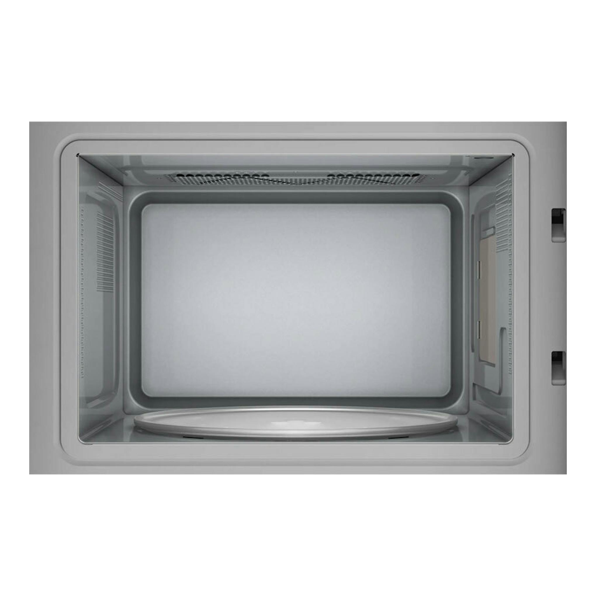 Microondas integrable Siemens BE525LMB1, visto de frente, interior gris con plato giratorio.