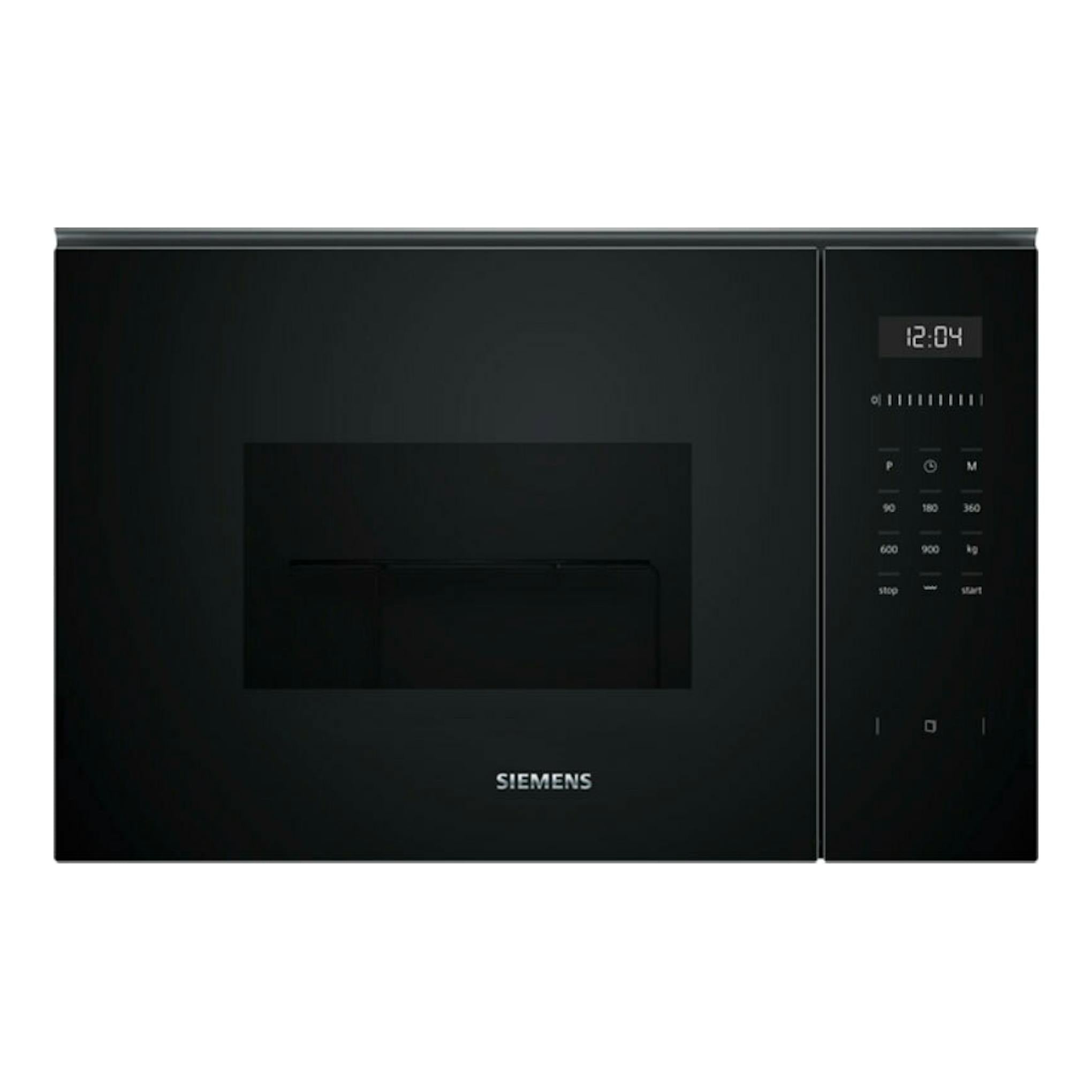 Microondas integrable Siemens BE555LMB1, vista frontal, negro cristal con panel digital a la derecha.