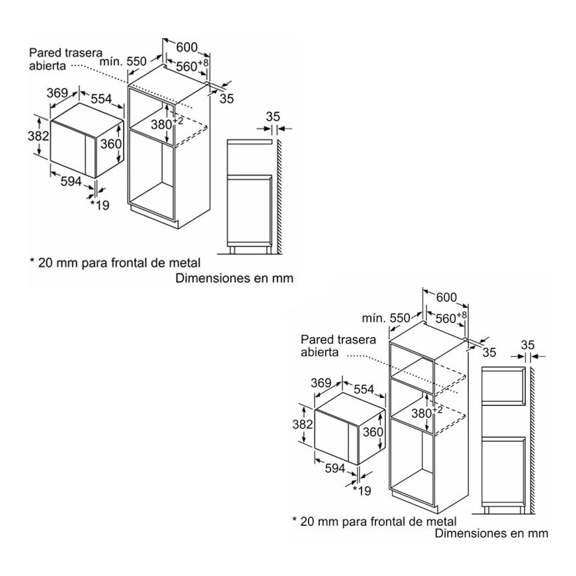 Diagrama de instalación de microondas integrable Siemens BE555LMB1 en cristal negro, con vistas frontal y lateral.