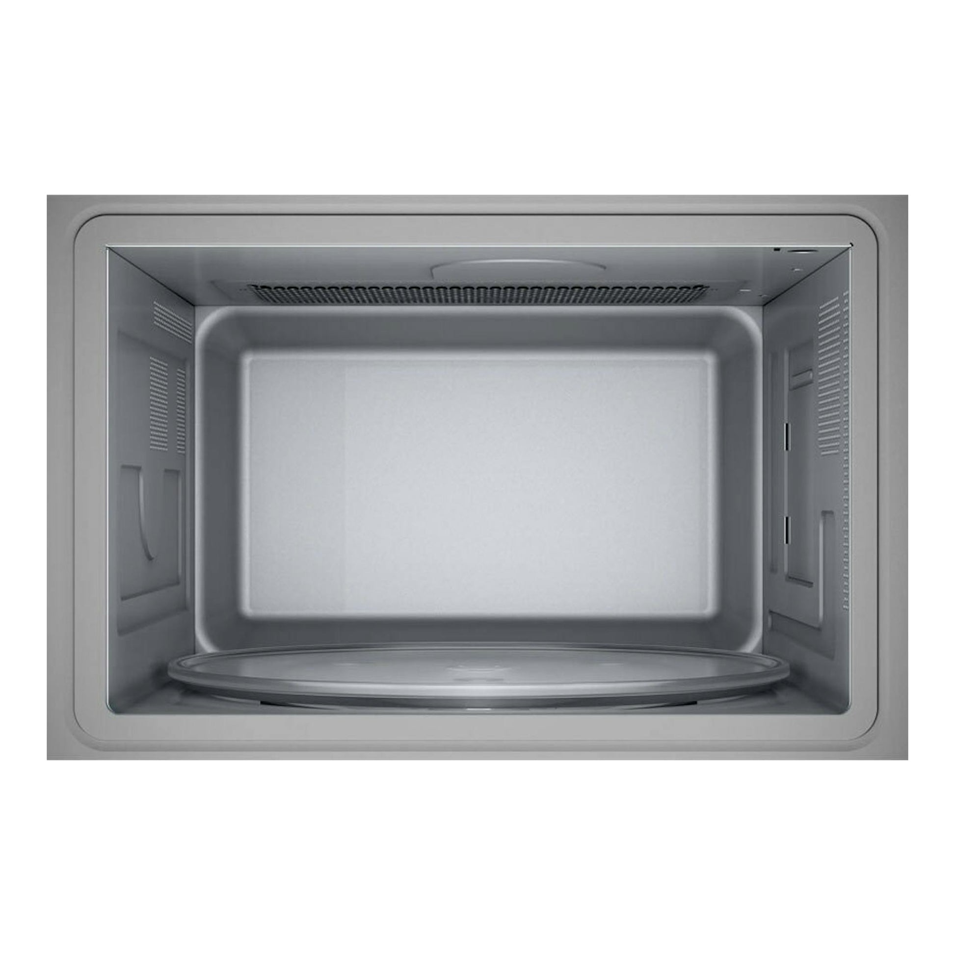 Interior de microondas integrable Siemens BE555LMB1, vacío, en acabado gris metalizado, vista frontal.