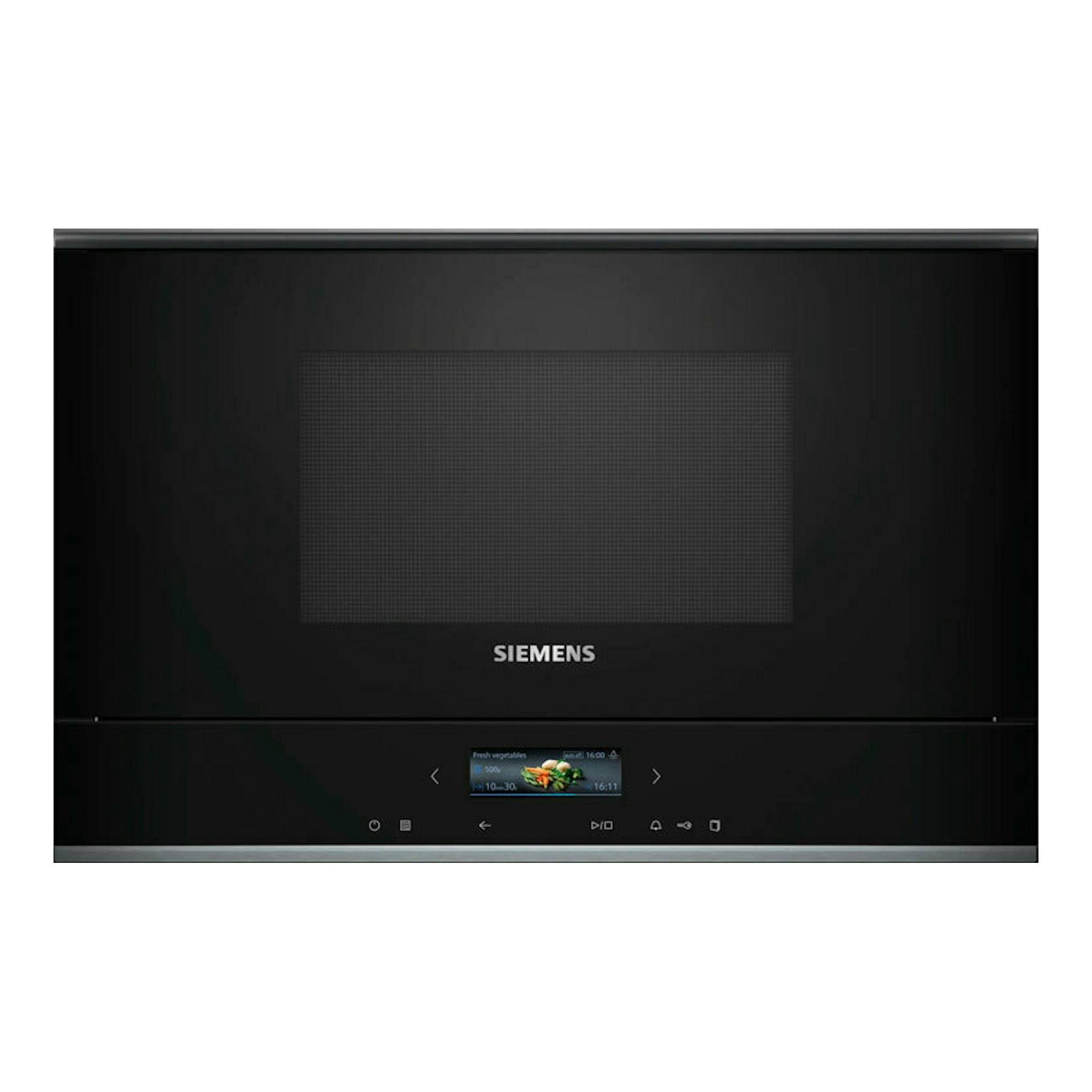 Microondas integrable Siemens BE732L1B1 negro, vista frontal, con puerta negra y panel táctil inferior.