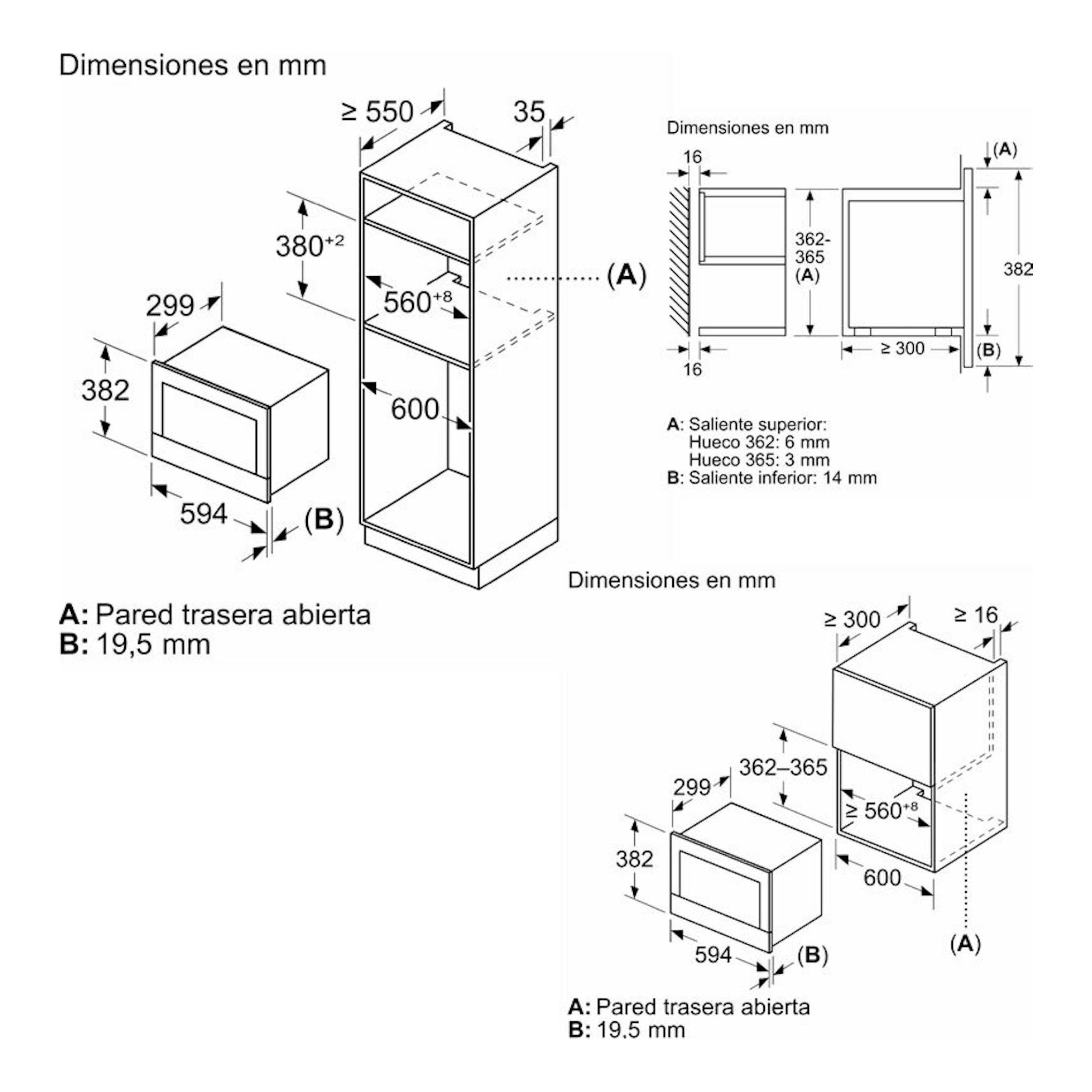 Esquema de instalación de microondas integrable Siemens BE732R1B1 negro con medidas en mm.