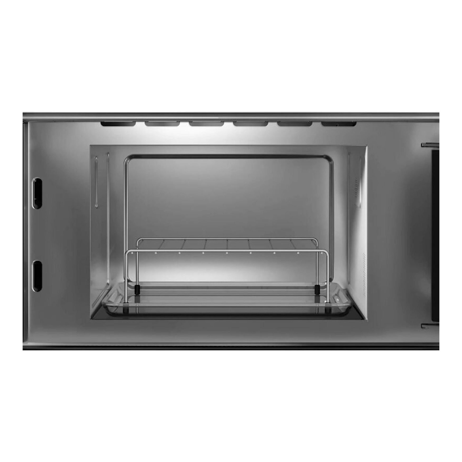 Microondas integrable Siemens BE732R1B1, vista interior en gris metálico con bandeja de vidrio y rejilla.