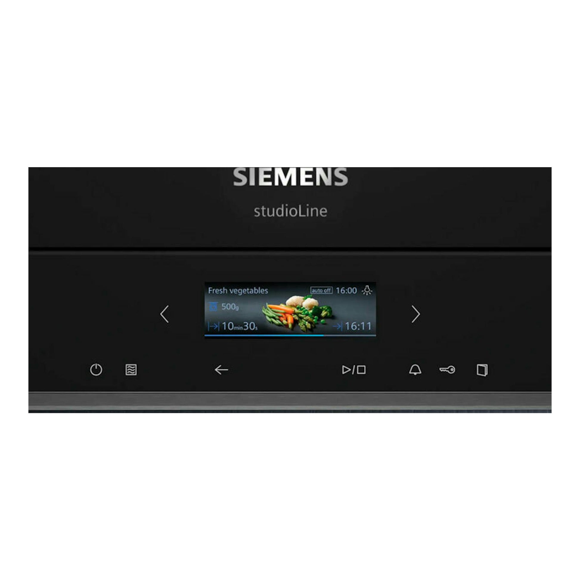 Microondas integrable Siemens BE732R1B1 negro, vista frontal con pantalla táctil y panel digital.