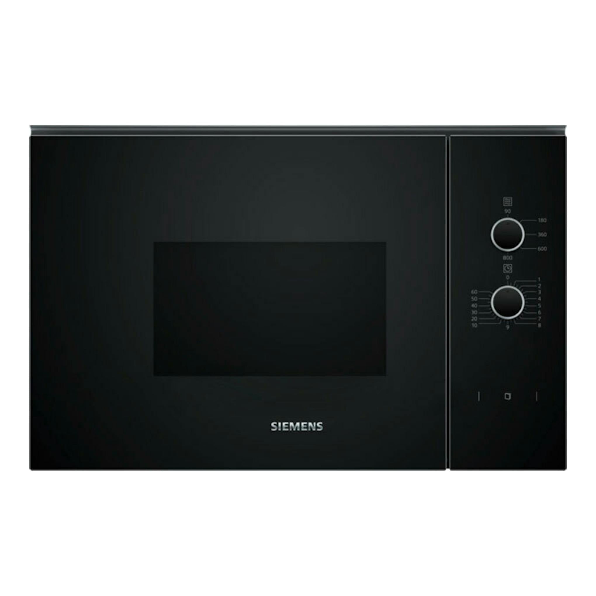 Microondas integrable Siemens BF520LMA1 de cristal negro, vista frontal con dos mandos laterales.