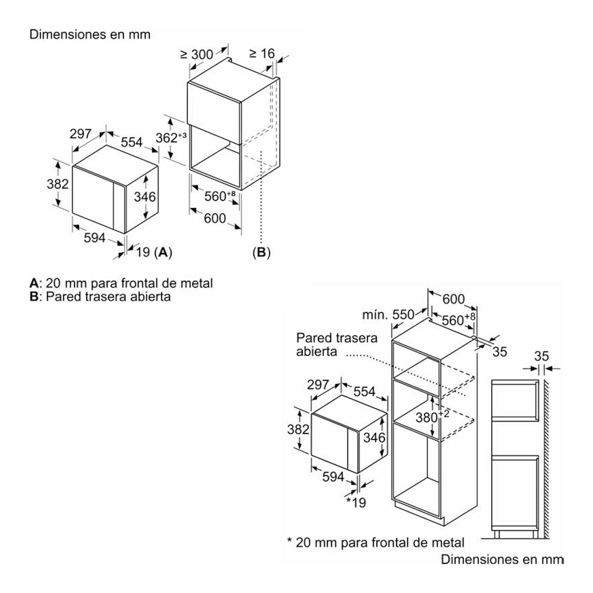 Diagrama de dimensiones del microondas integrable Siemens BF520LMA1, con vistas frontal y lateral y medidas.