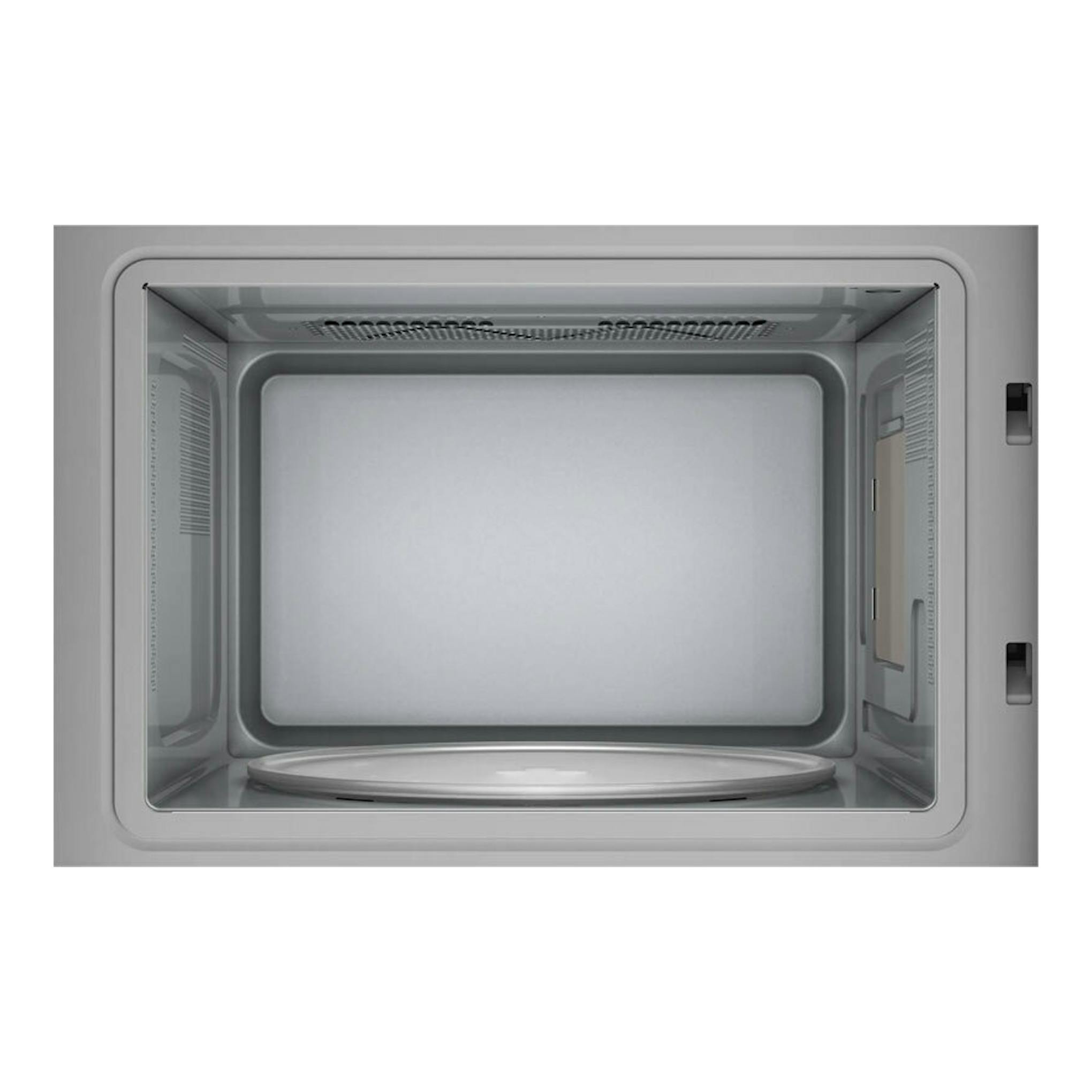 Microondas integrable Siemens BF520LMA1, vista frontal del interior gris con plato giratorio.