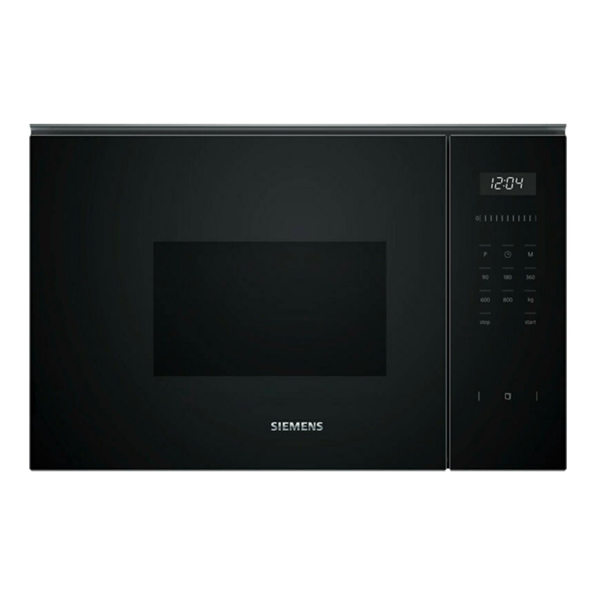 Microondas integrable Siemens BF525LMB1 de cristal negro, vista frontal, con panel digital a la derecha.