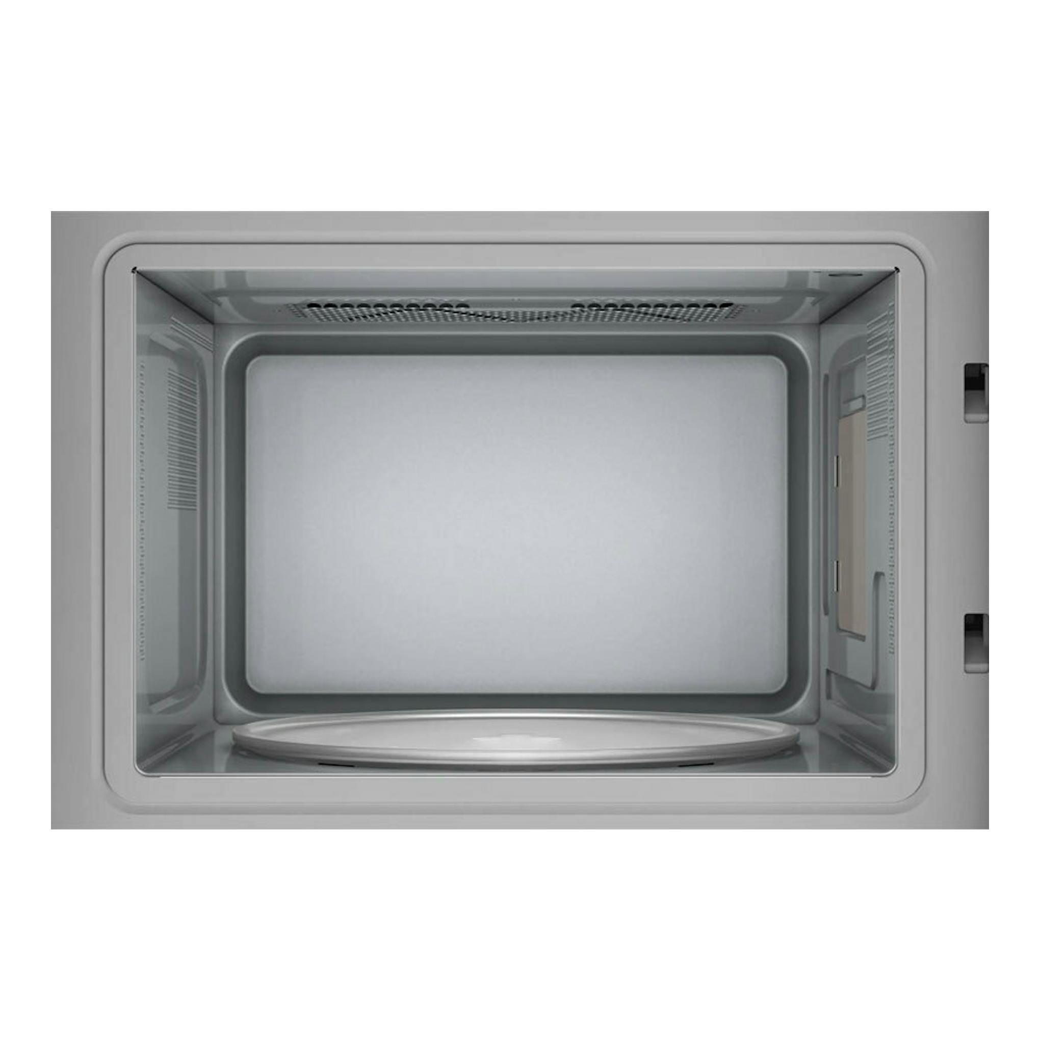 Microondas integrable Siemens BF525LMB1, interior plateado con plato giratorio, vista frontal abierta.