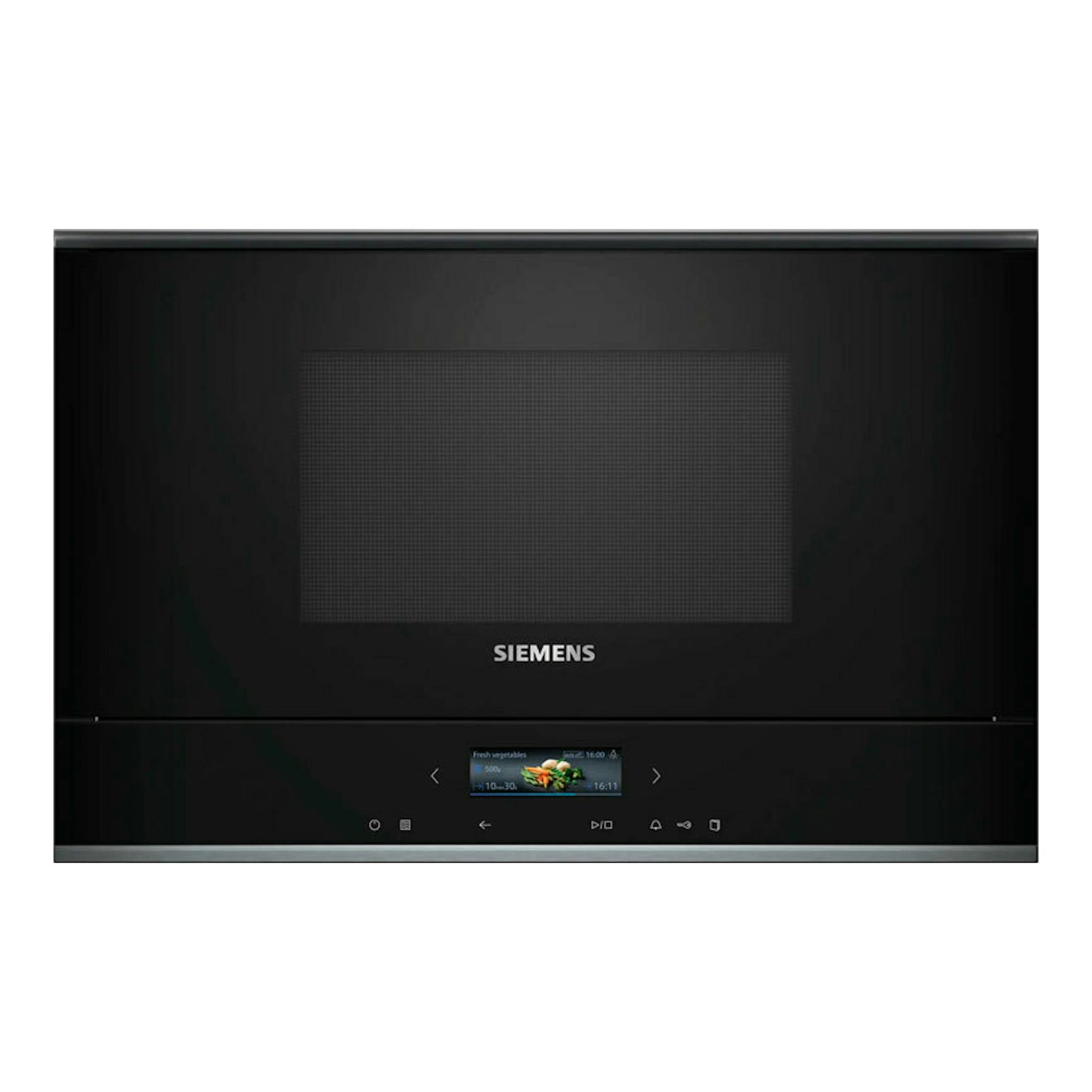 Microondas integrable Siemens BF722L1B1 negro, vista frontal, con panel táctil y pantalla central.