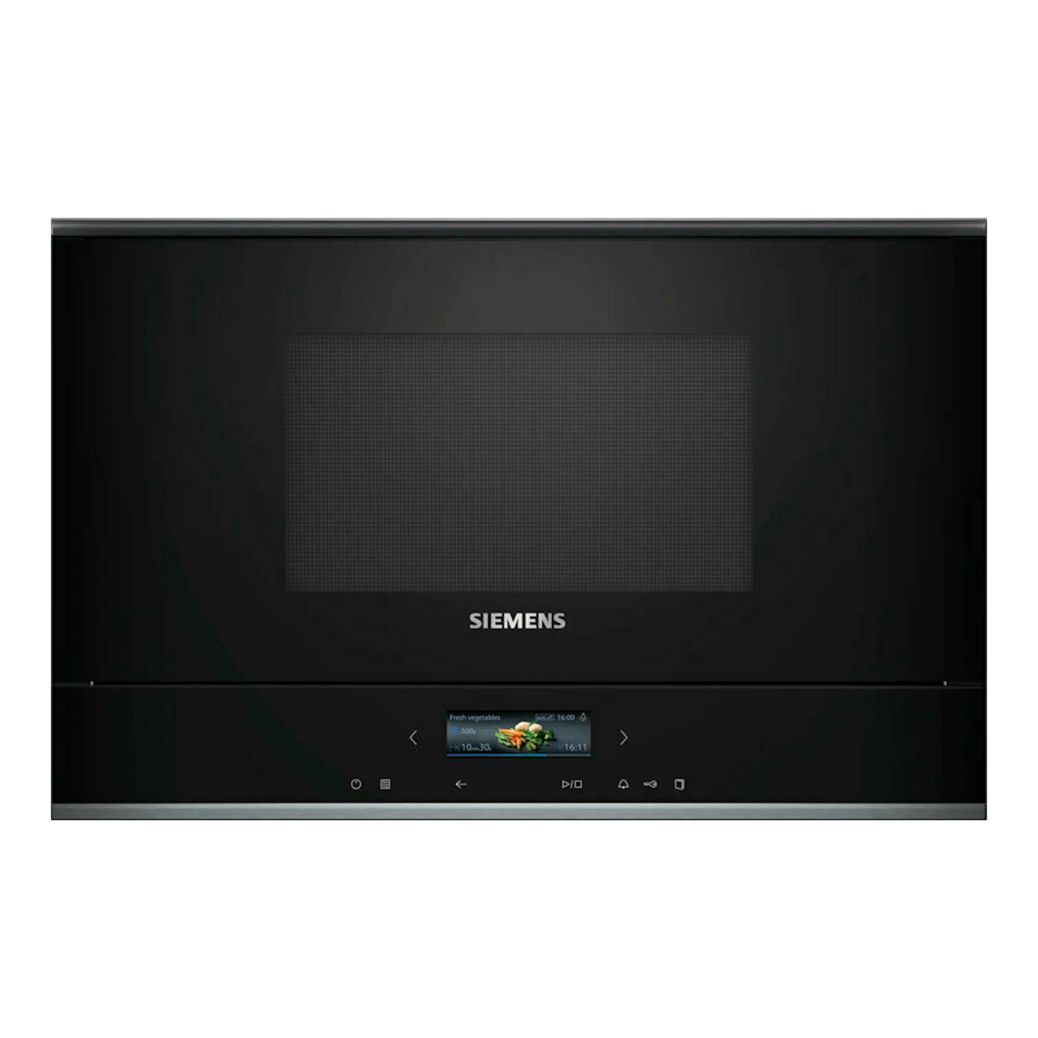 Microondas integrable Siemens BF722L1B1 negro, vista frontal, con panel táctil y pantalla central.