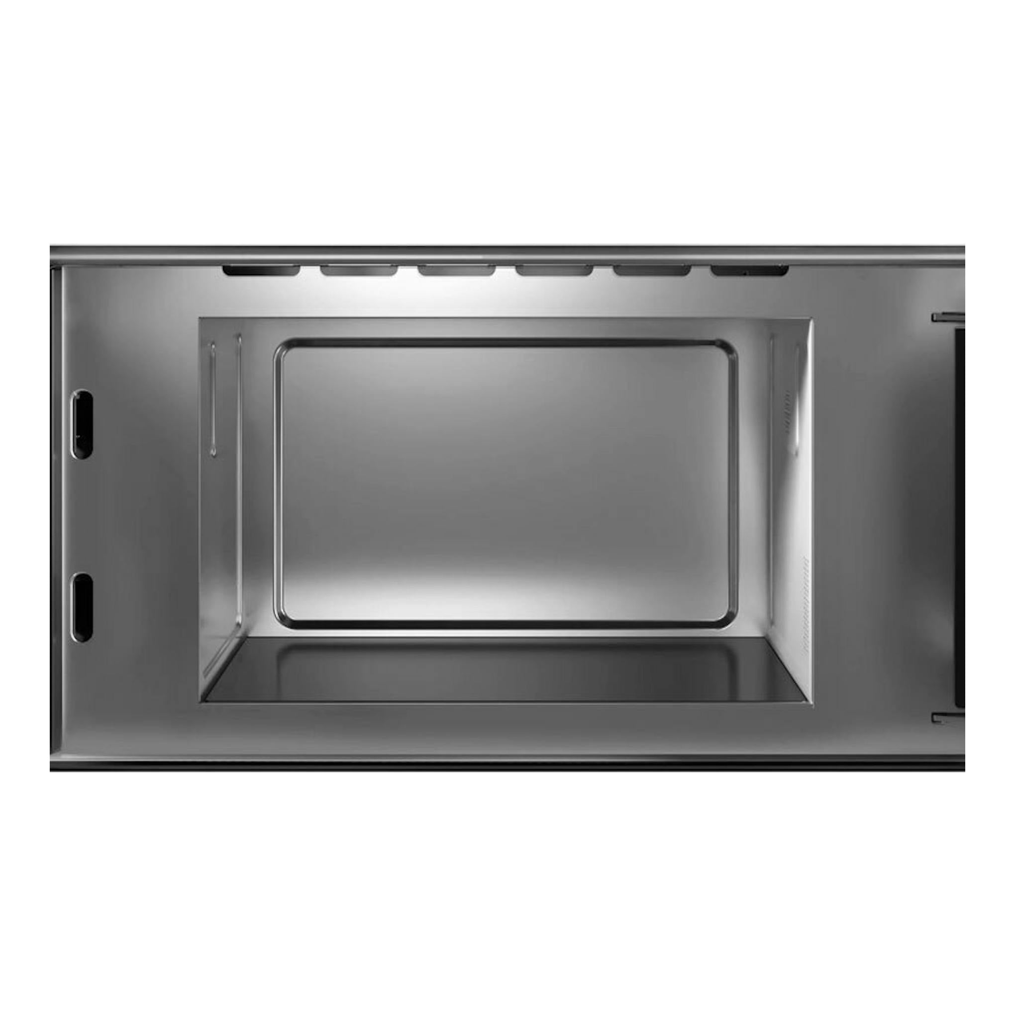 Microondas integrable Siemens BF722R1B1, interior en acero inoxidable, vista frontal.
