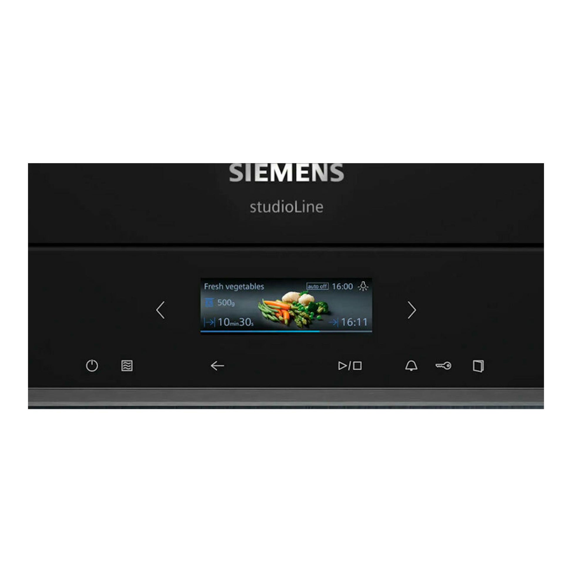 Microondas integrable Siemens BF722R1B1 negro, vista frontal, con pantalla táctil y panel negro.
