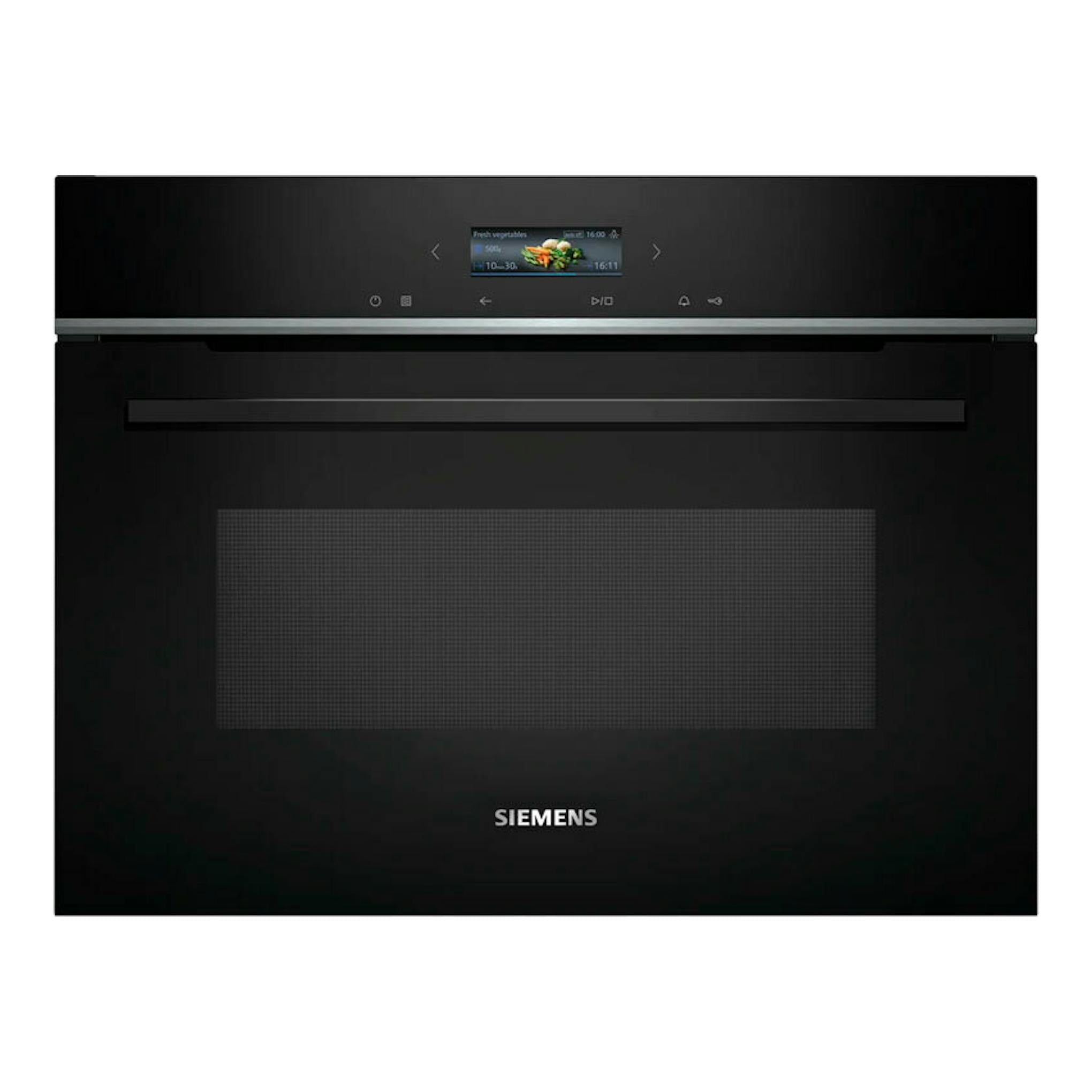 Microondas integrable Siemens CE732GXB1 negro, vista frontal, con pantalla y panel táctil.