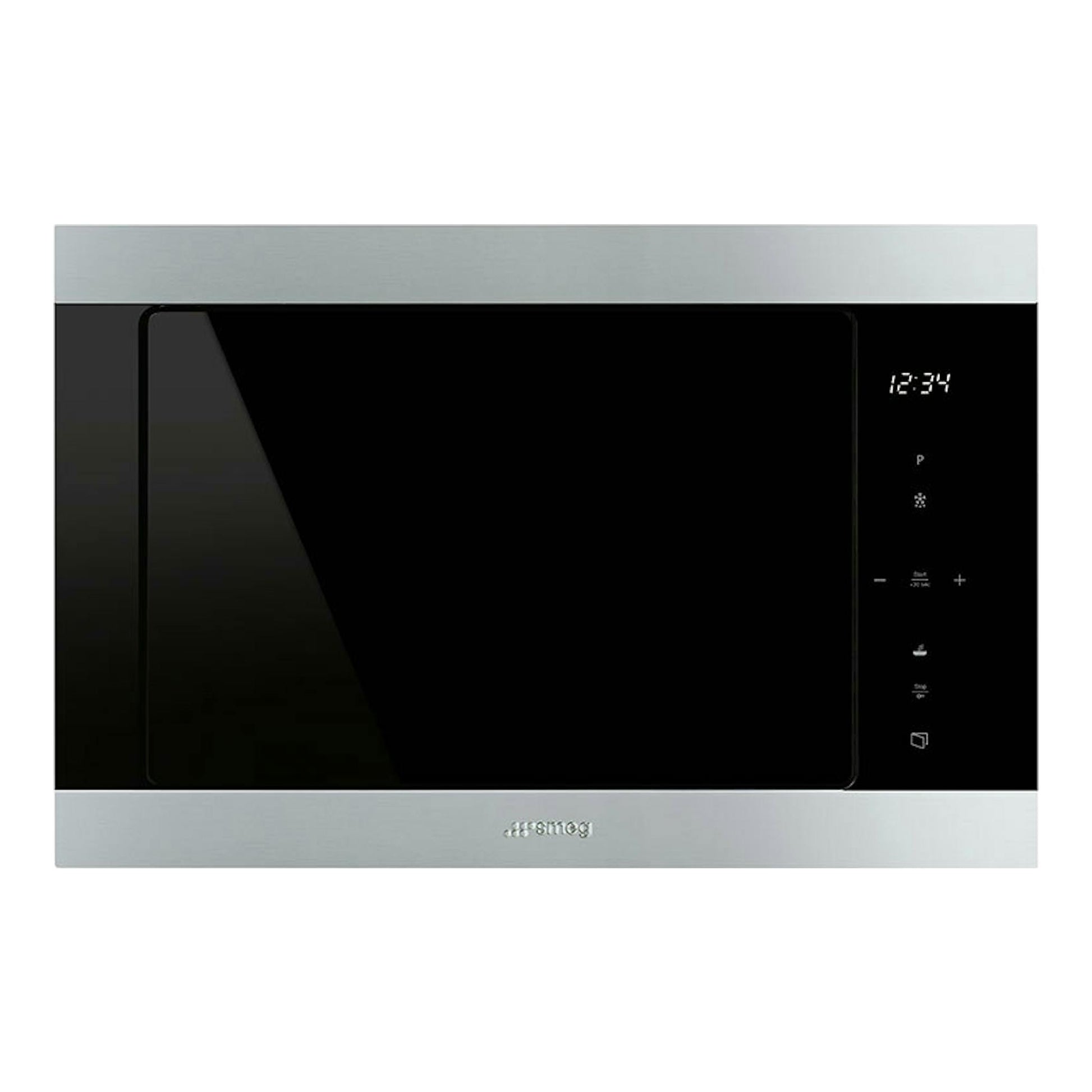 Microondas integrable Smeg FMI325X, vista frontal, negro con marco inoxidable y panel digital a la derecha.