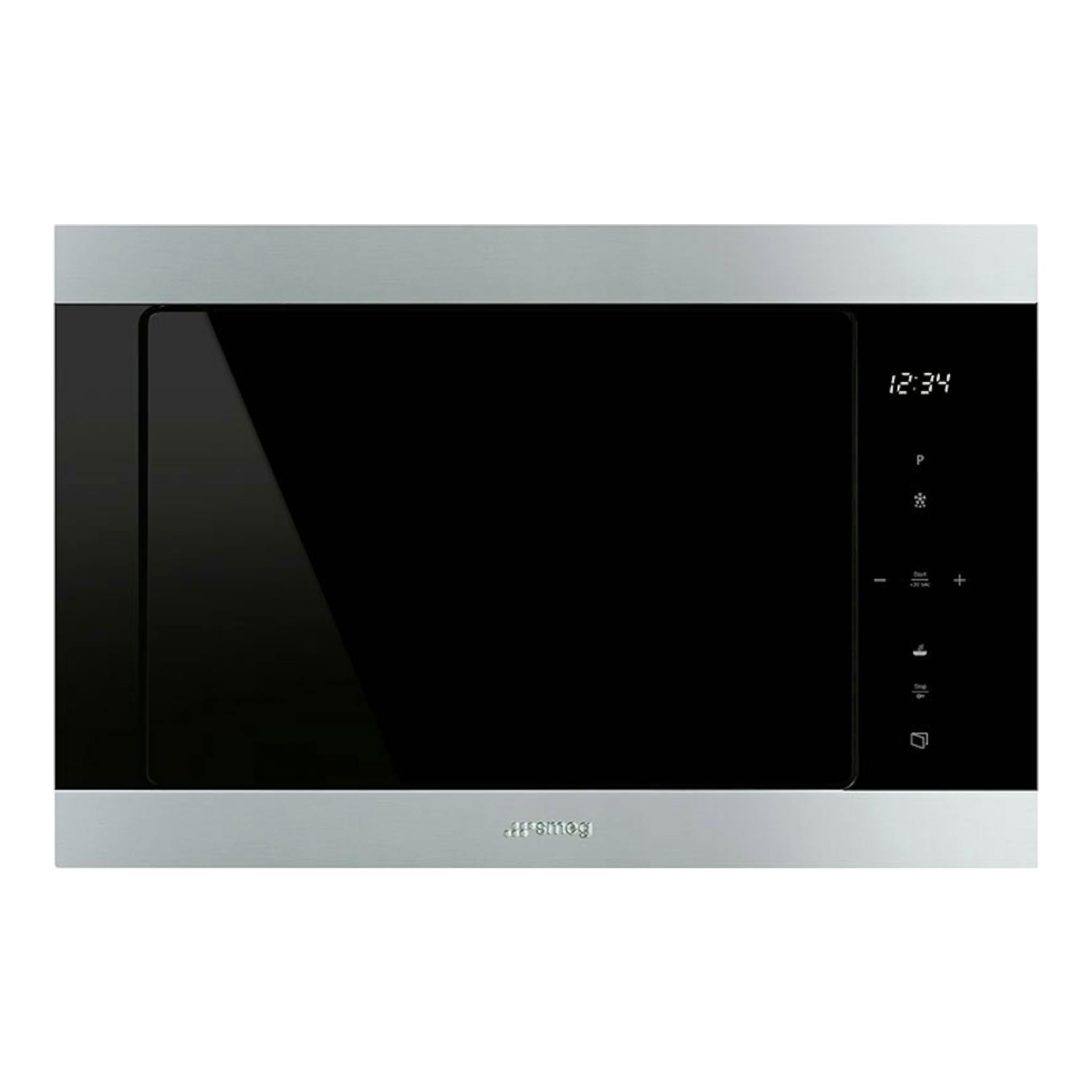 Microondas integrable Smeg FMI325X, vista frontal, negro con marco inoxidable y panel digital a la derecha.