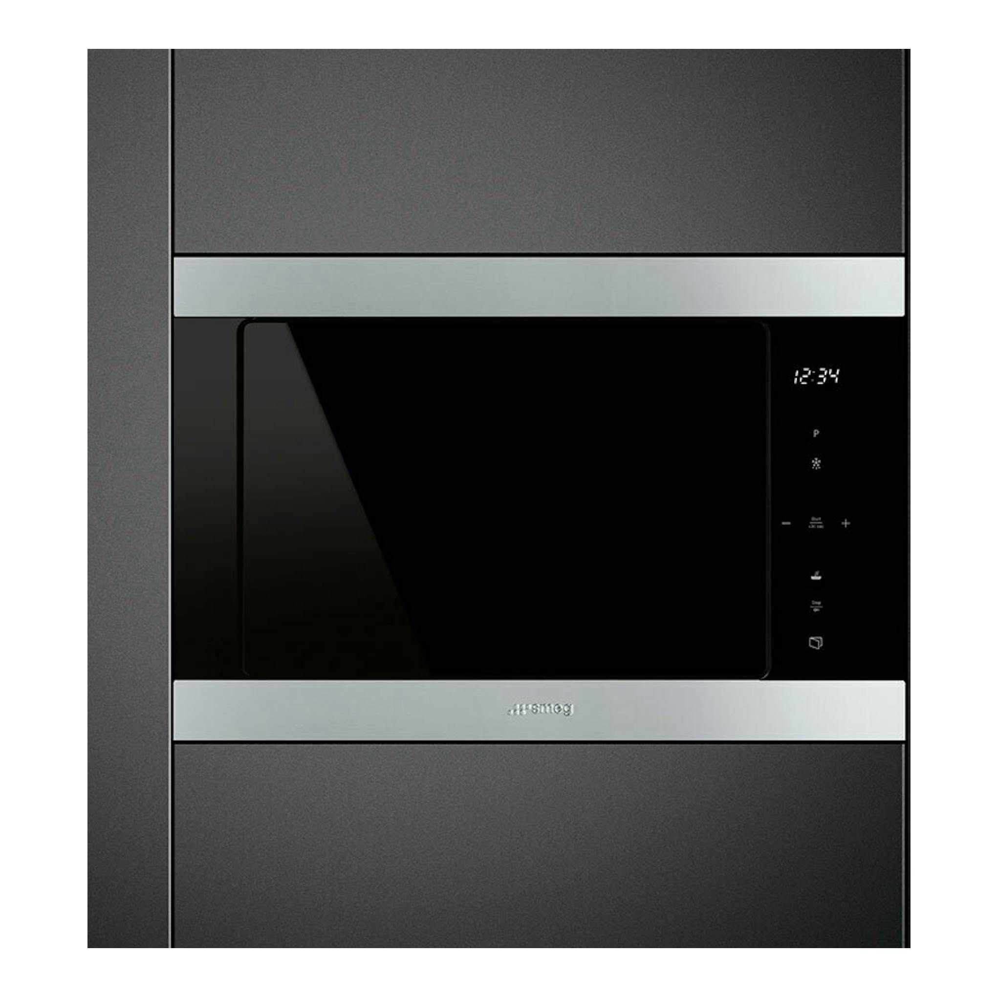 Microondas integrable Smeg FMI325X, vista frontal, panel negro con franjas de acero inoxidable y display digital.