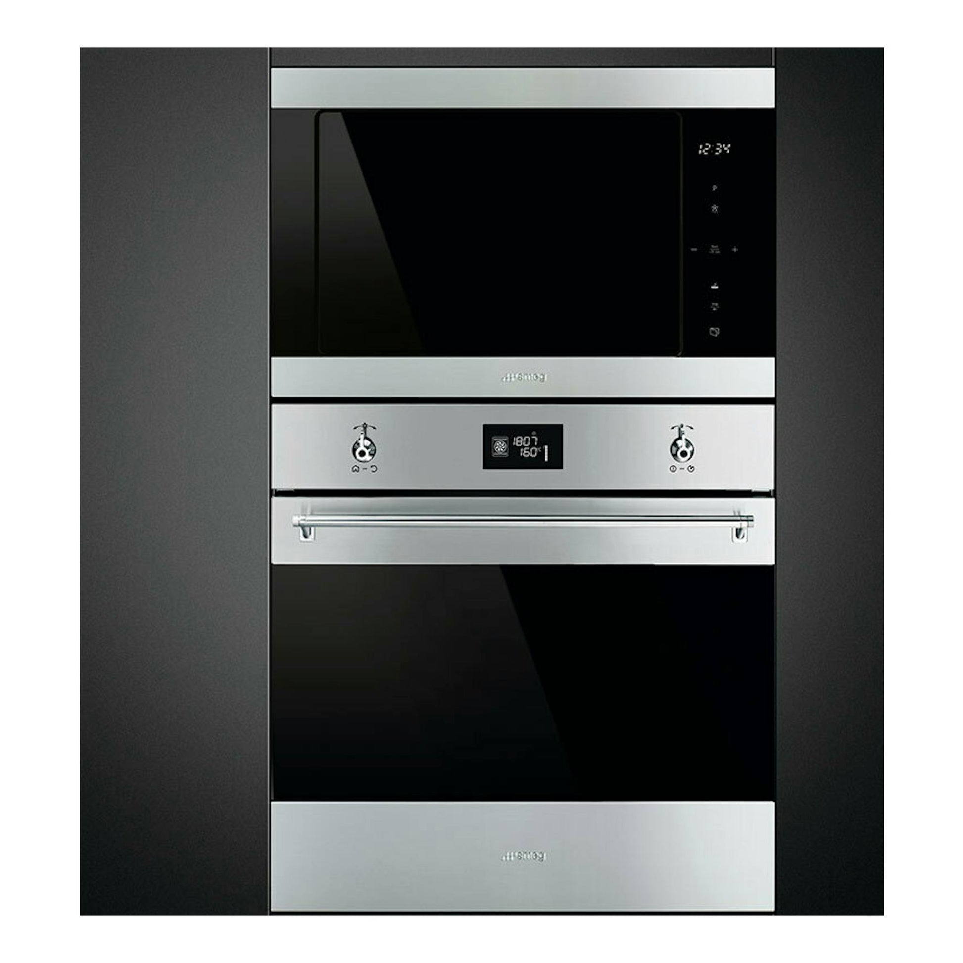 Microondas integrable Smeg FMI325X en acero inoxidable y negro, vista frontal en columna con horno inferior.
