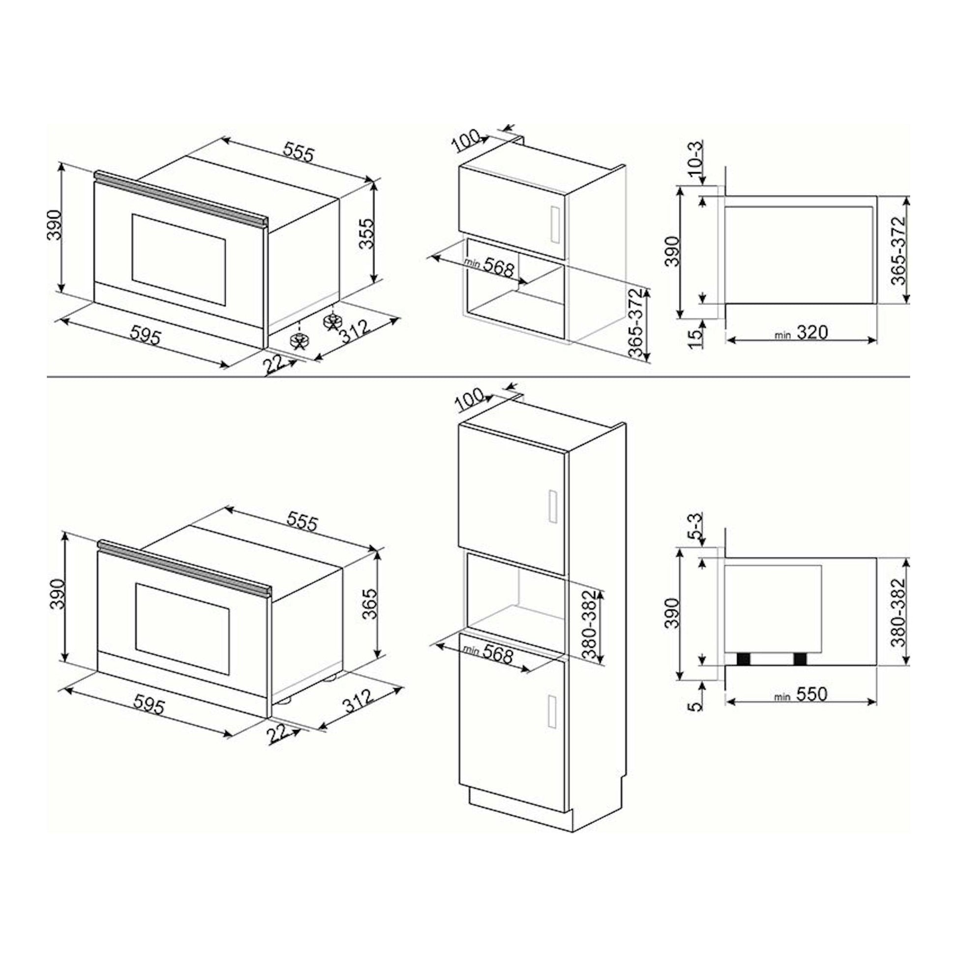 Smeg MP822NAO microondas integrable gris antracita, esquema técnico con vistas frontal, lateral e isométrica.