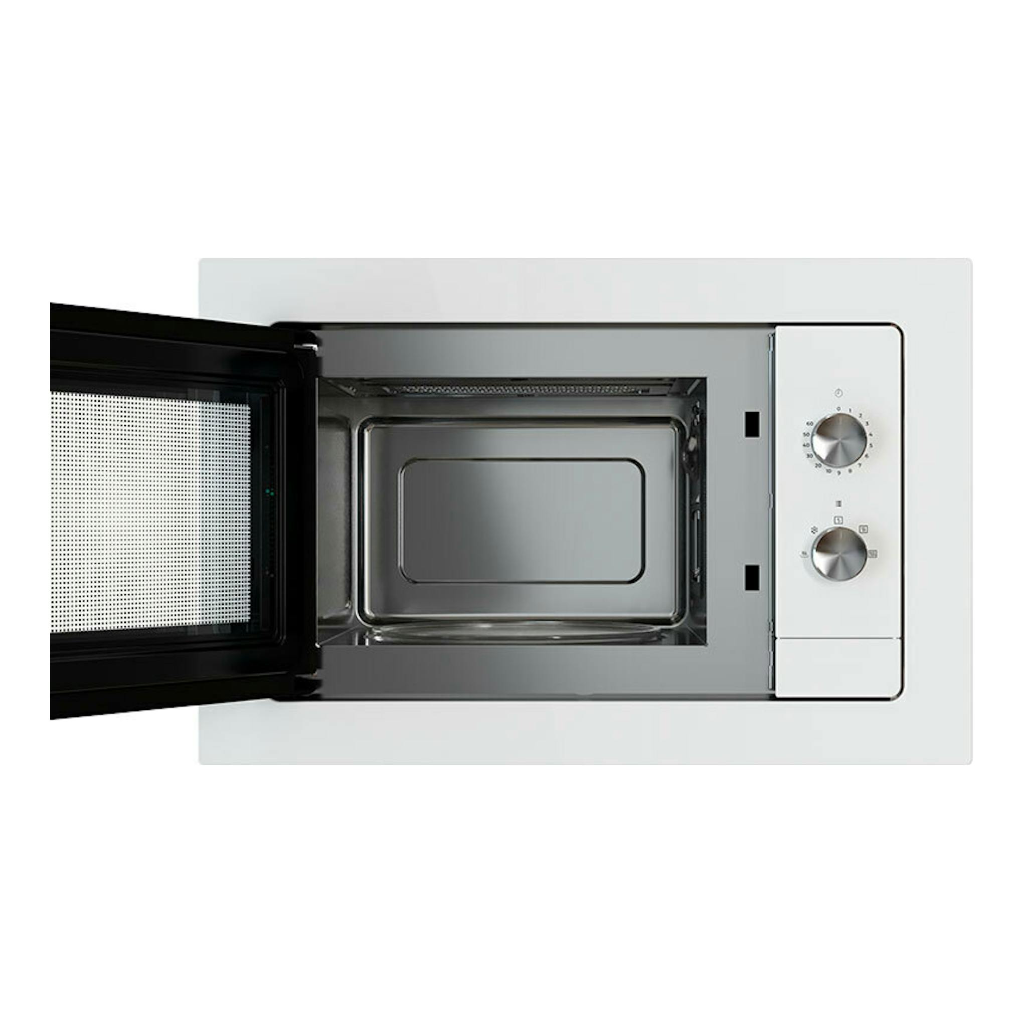 Microondas integrable Teka MB6200BI blanco, vista frontal con puerta abierta y dos mandos.