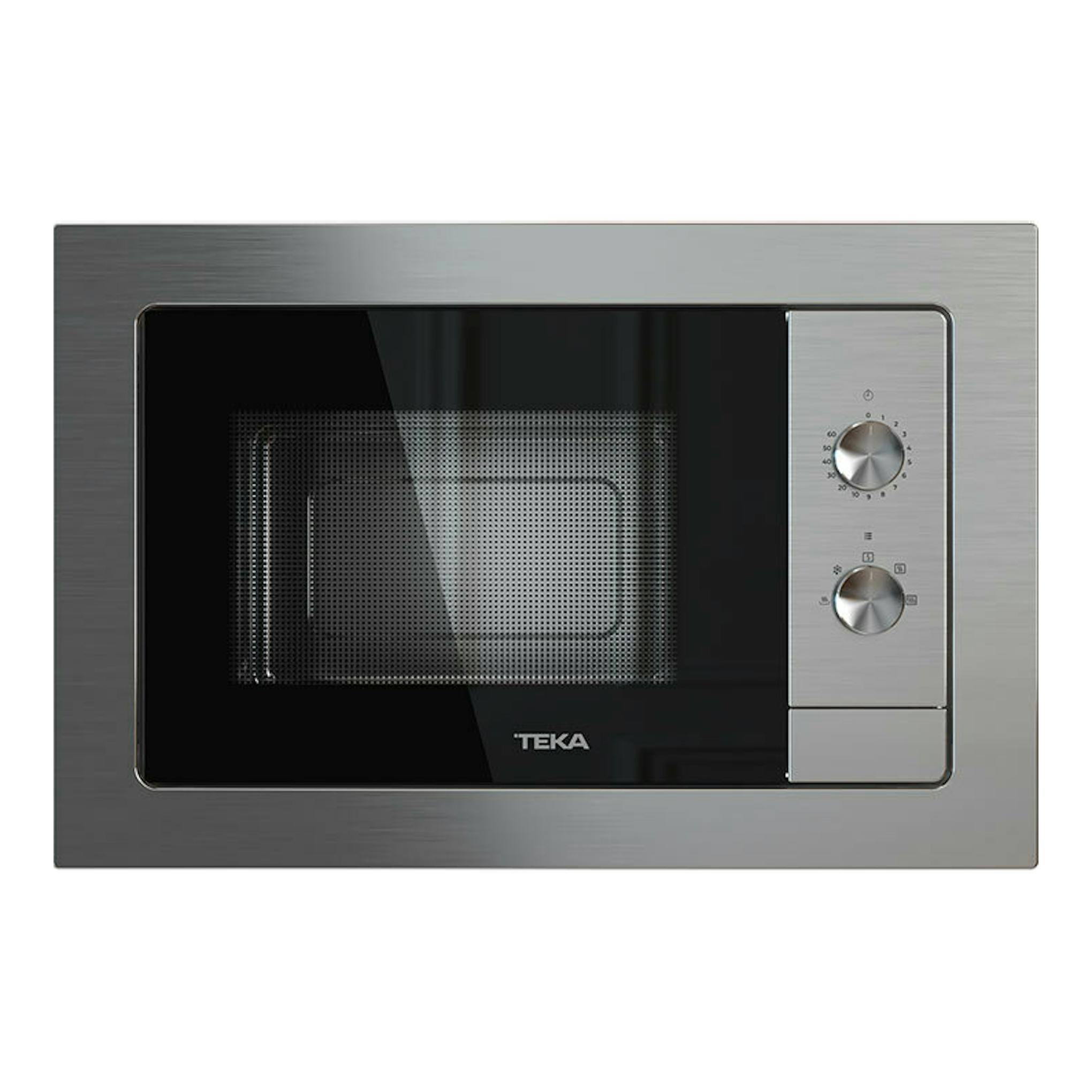 Microondas integrable Teka MB6200BI inox, vista frontal, con puerta negra y dos mandos plateados.
