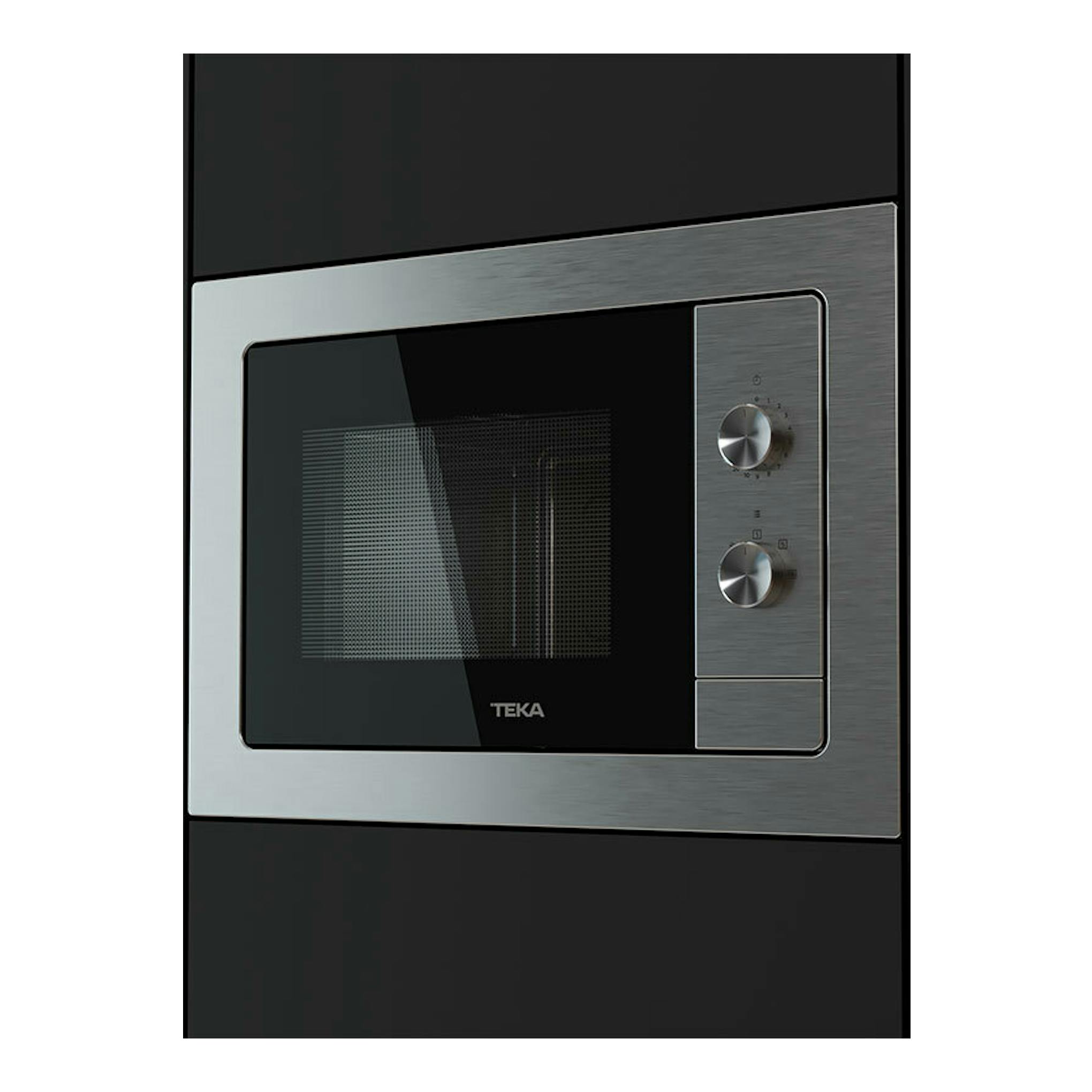 Microondas integrable Teka MB6200BI inox, vista frontal, con puerta negra y marco plateado.
