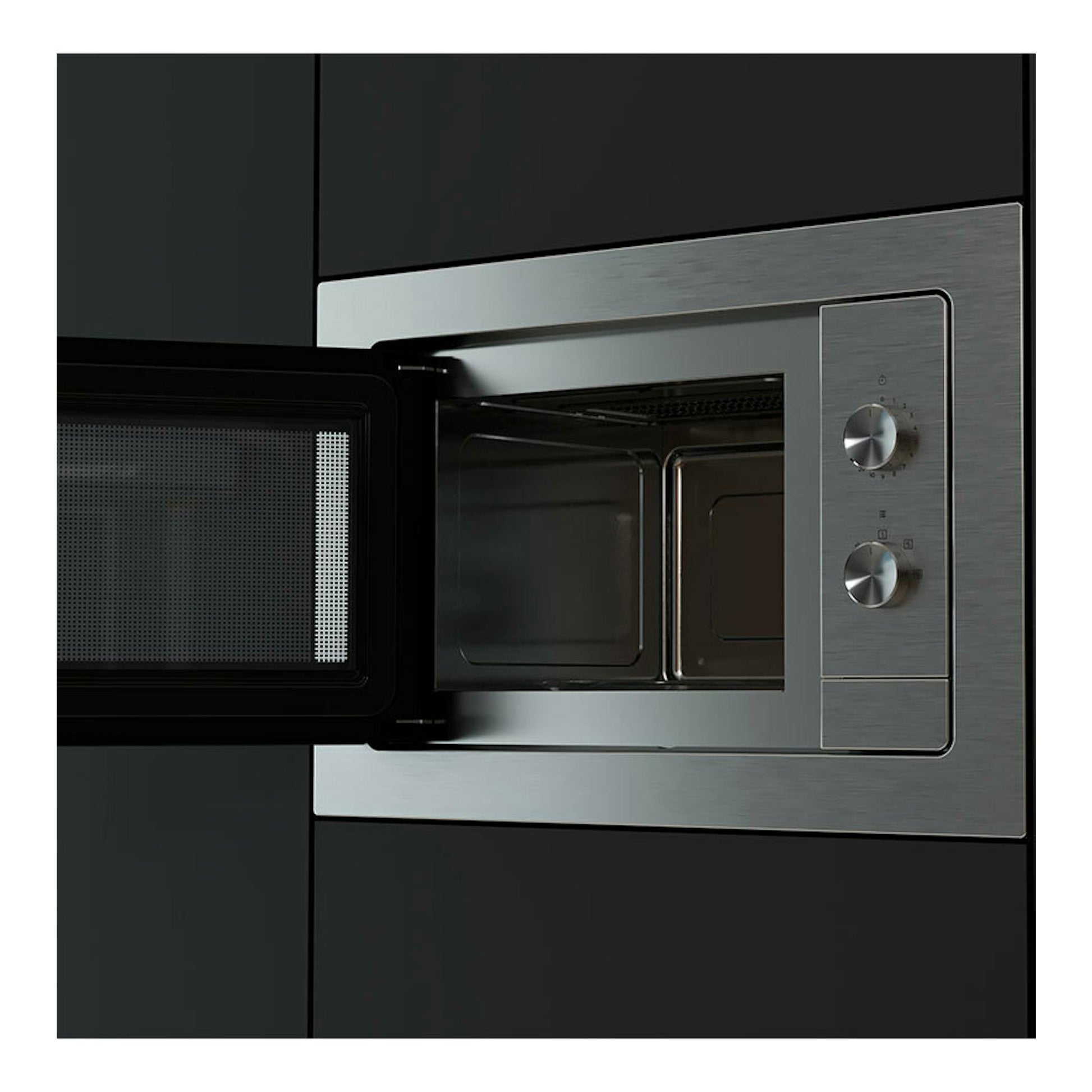 Microondas integrable Teka MB6200BI inox, vista frontal con la puerta abierta y panel de mandos de dos ruletas.