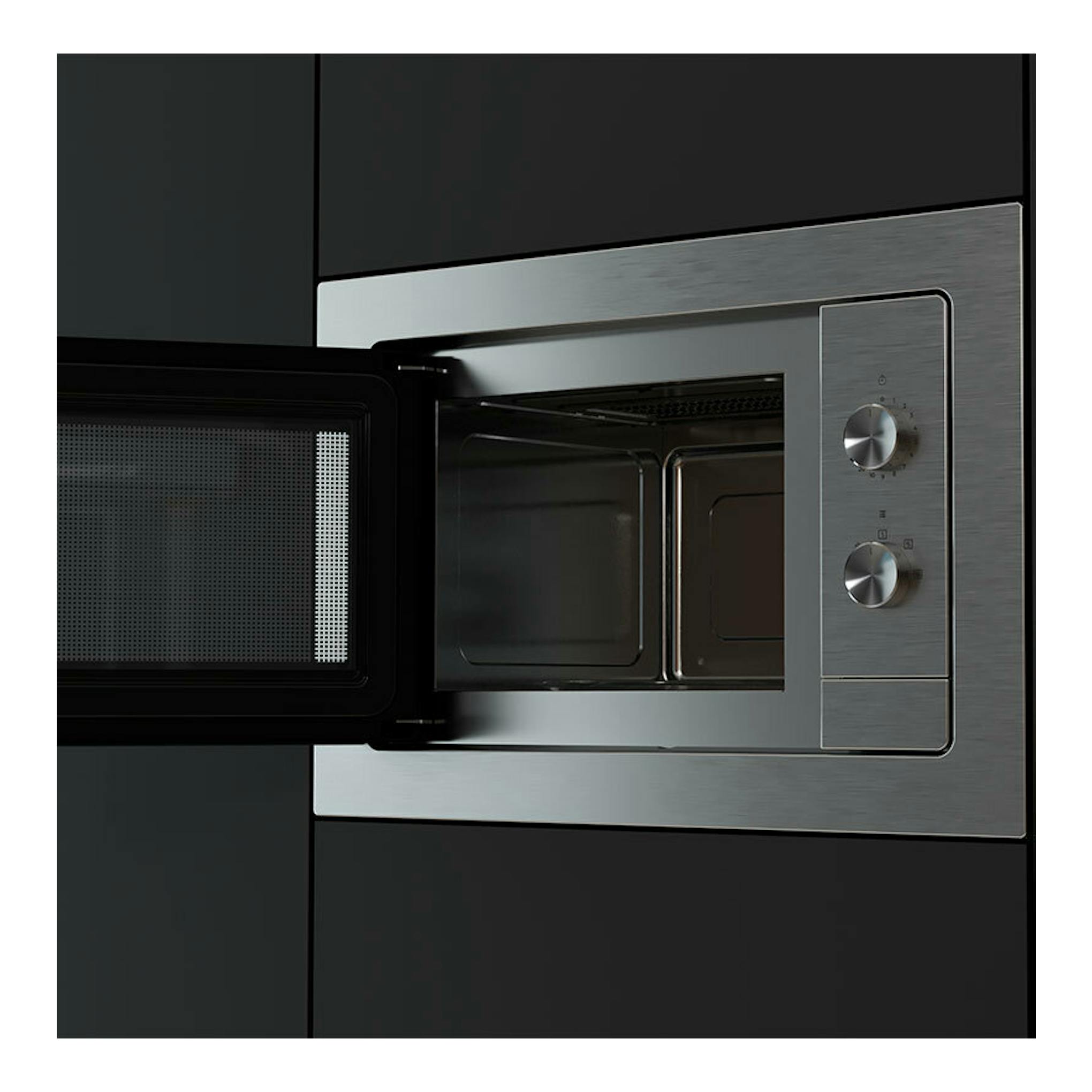 Microondas integrable Teka MB6200BI inox, vista frontal con la puerta abierta y panel de mandos de dos ruletas.