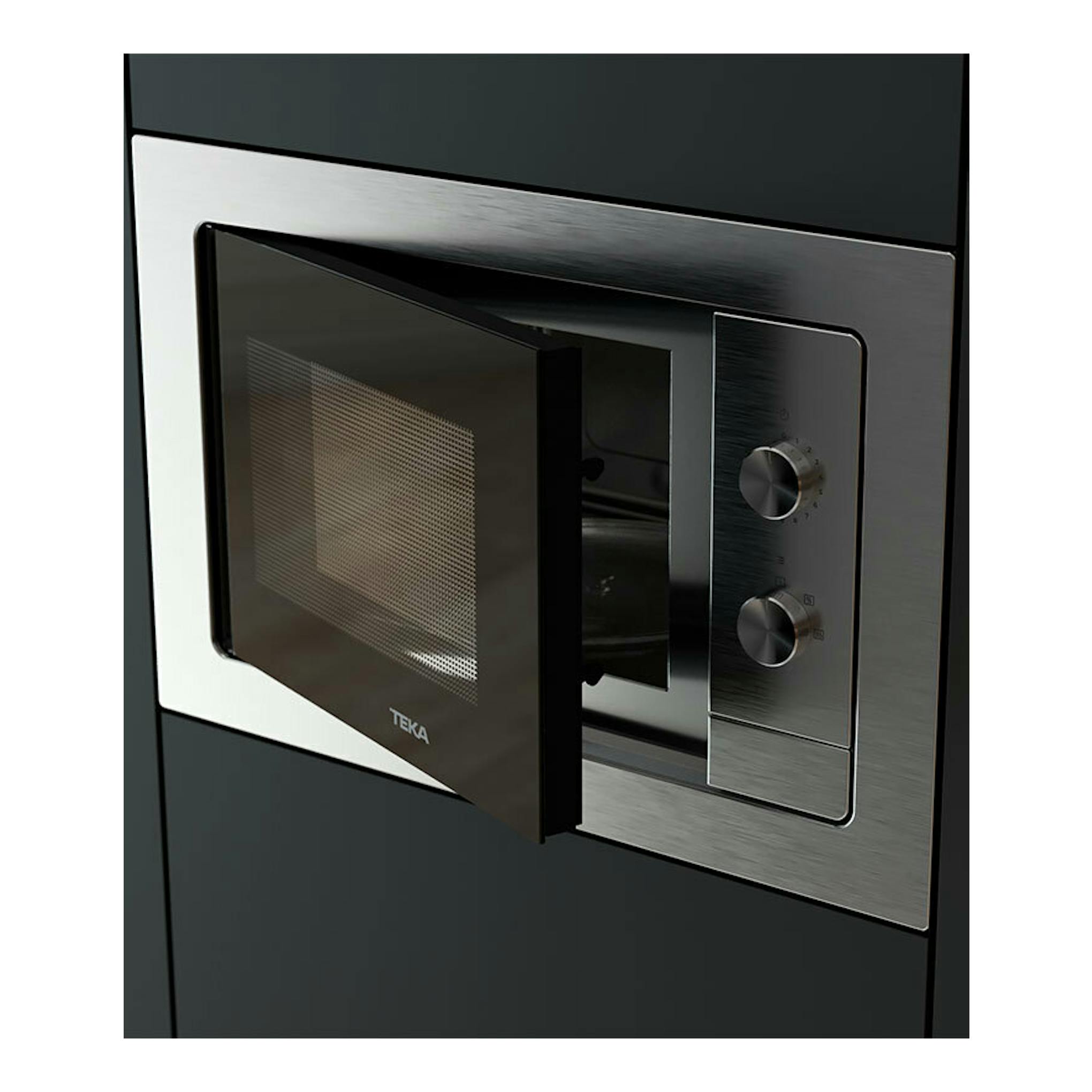 Microondas integrable Teka MB6200BI inox, vista frontal en ángulo, puerta abierta, acabado acero inoxidable.
