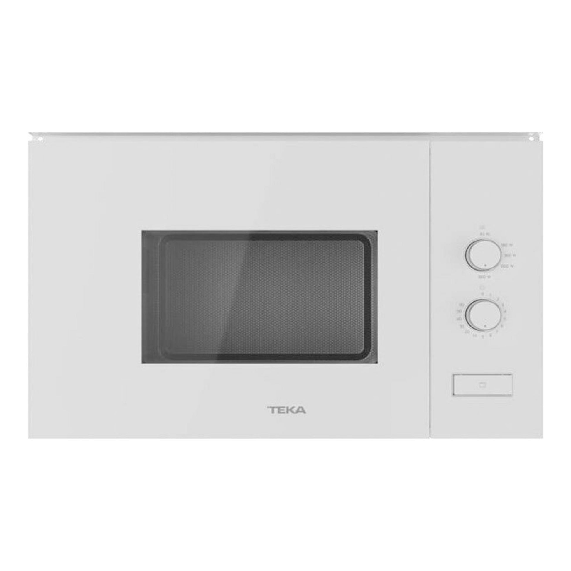 Microondas integrable Teka ML820FI blanco, vista frontal, con puerta negra y dos mandos giratorios.