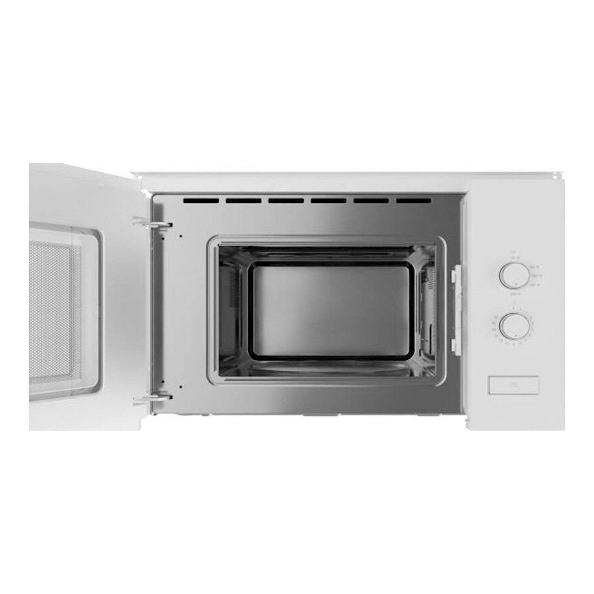 Microondas integrable Teka ML820FI blanco, vista frontal con la puerta abierta y dos mandos.