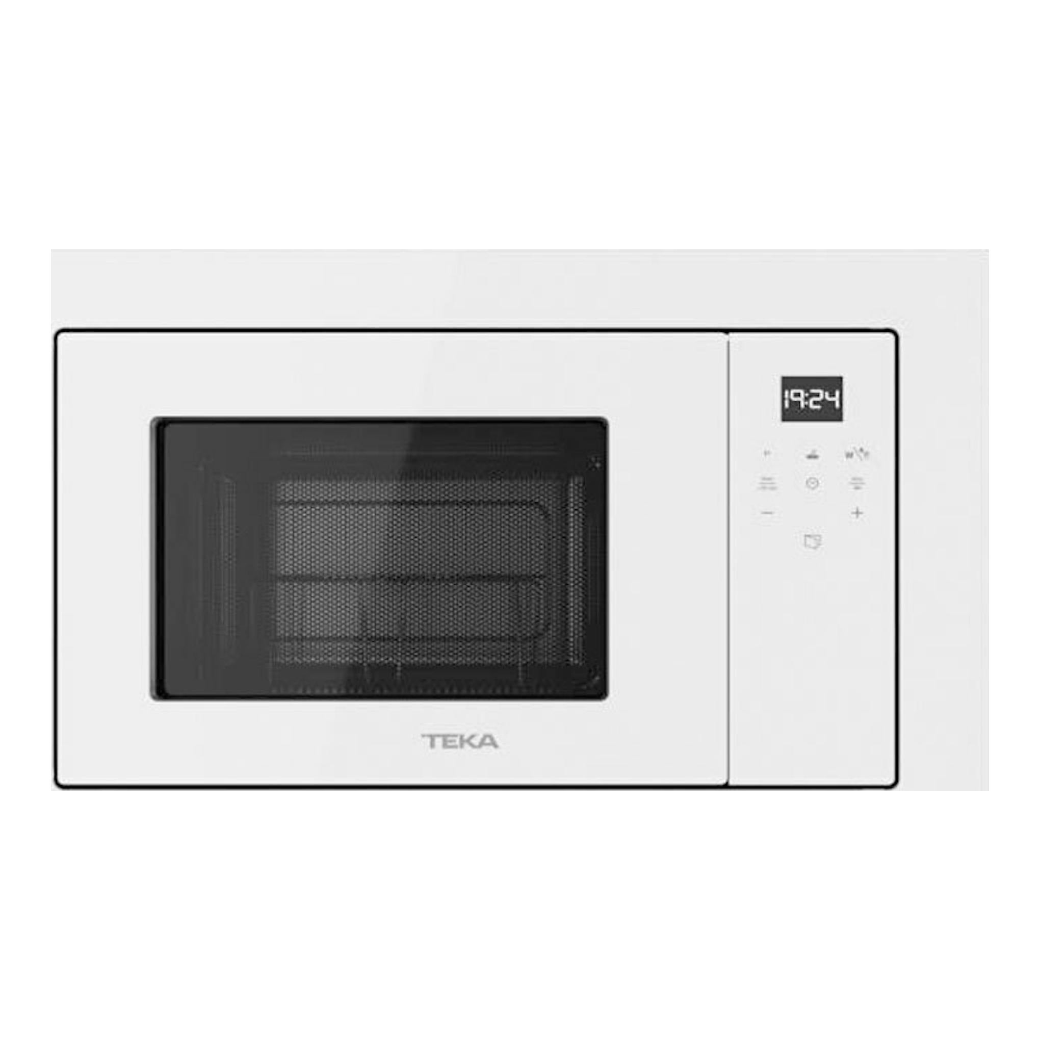 Microondas integrable Teka ML8210BIS blanco, vista frontal con puerta negra y panel digital a la derecha.