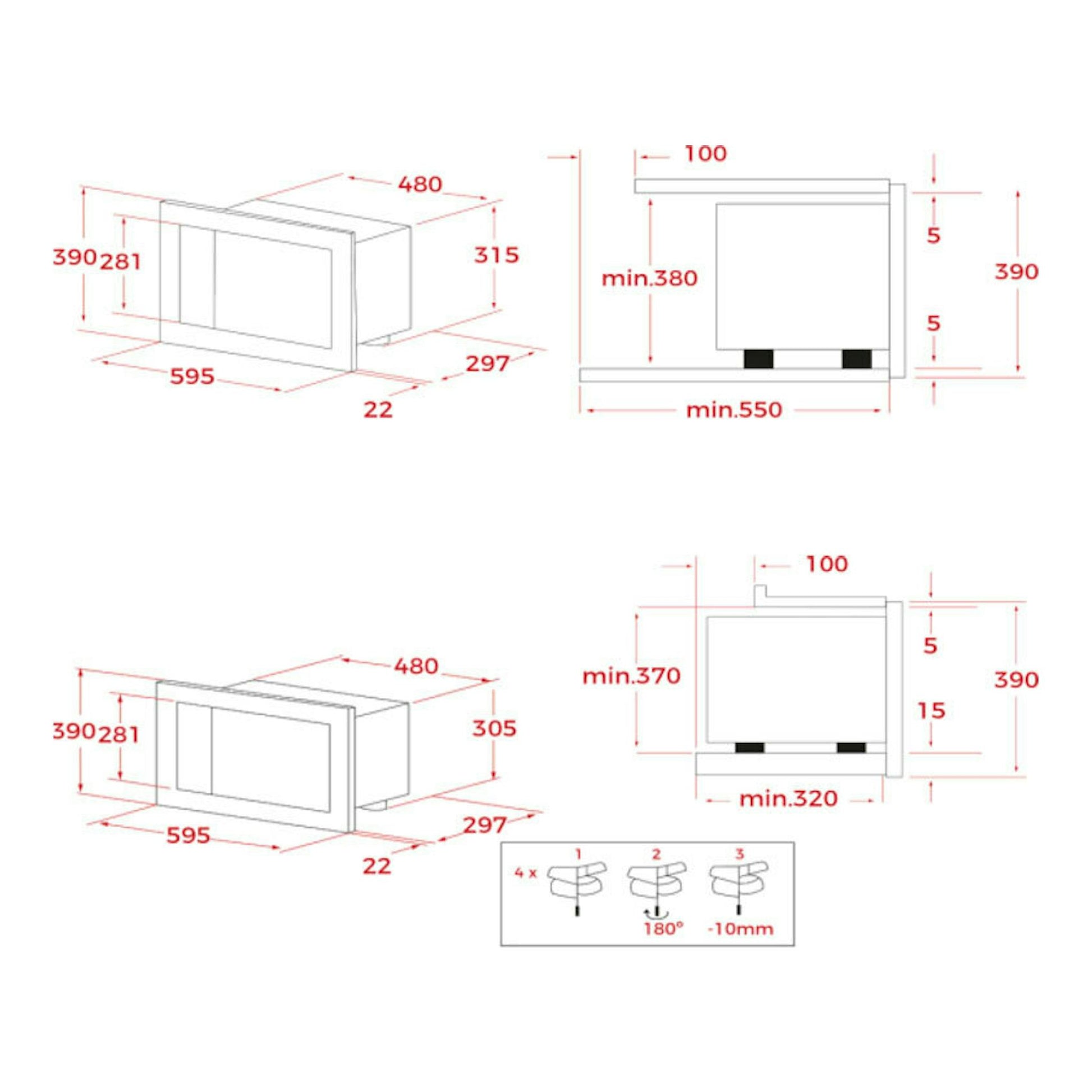 Plano técnico del microondas integrable Teka ML8210BIS, blanco, con vistas frontal y lateral y medidas.