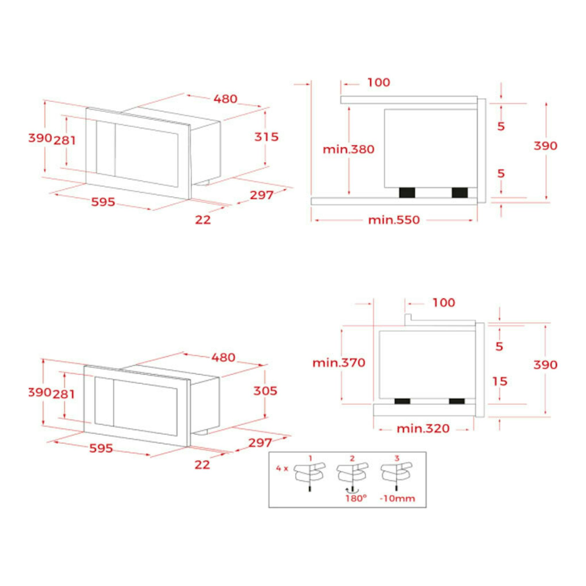 Teka ML8210BIS, esquema técnico en blanco y rojo de microondas integrable de cristal negro con medidas.