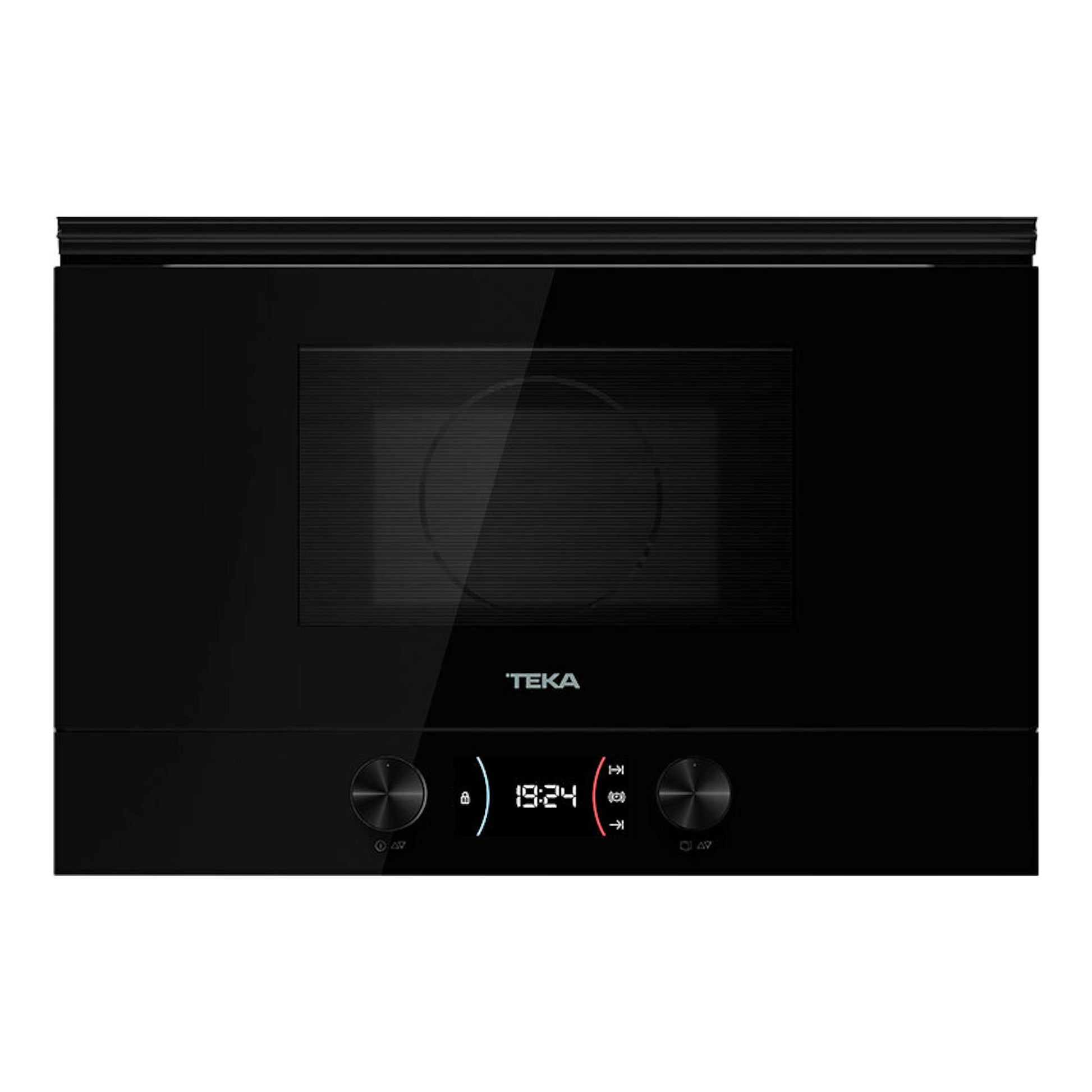 Microondas integrable Teka ML8220BIS L negro, vista frontal, con panel digital y dos mandos.