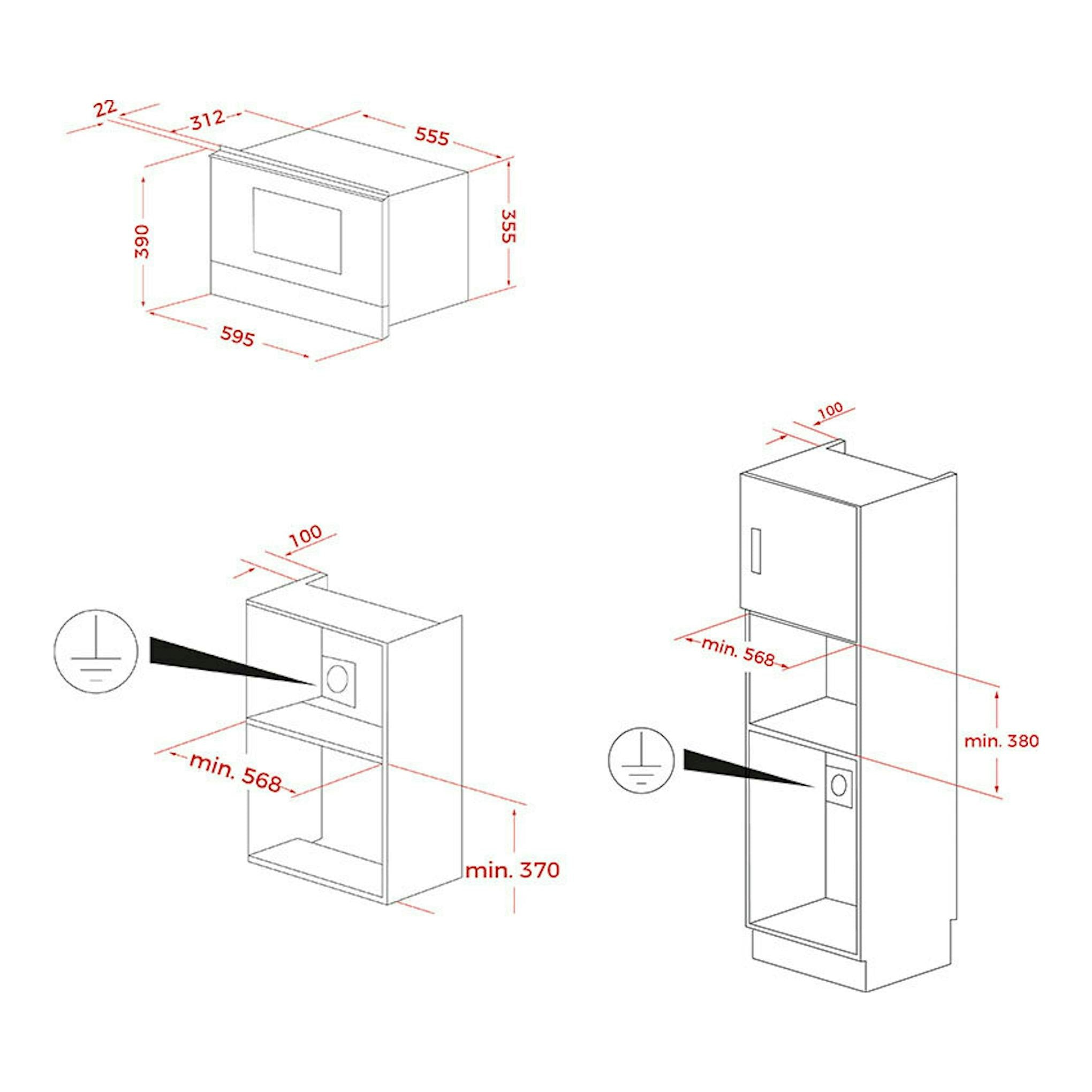 Diagrama técnico isométrico del microondas integrable Teka ML8220BIS L Full Black, con medidas de encastre.