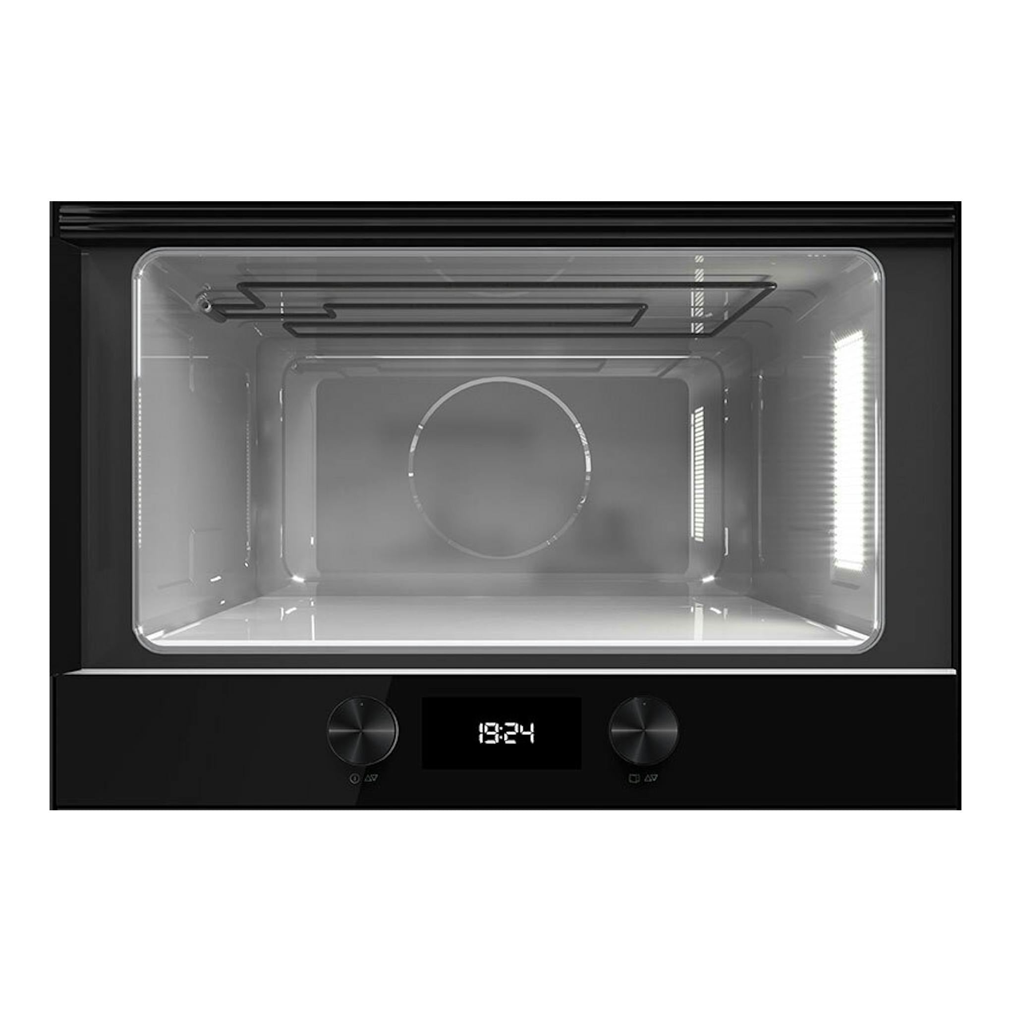 Microondas integrable Teka ML8220BIS L negro, vista frontal con cavidad interior abierta y panel digital.