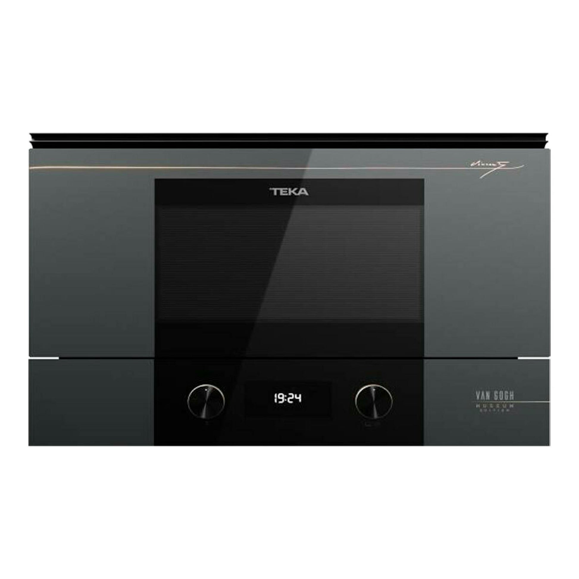 Microondas integrable Teka ML82VGOGH BIS L, vista frontal, gris oscuro y cristal negro, con dos mandos y display.