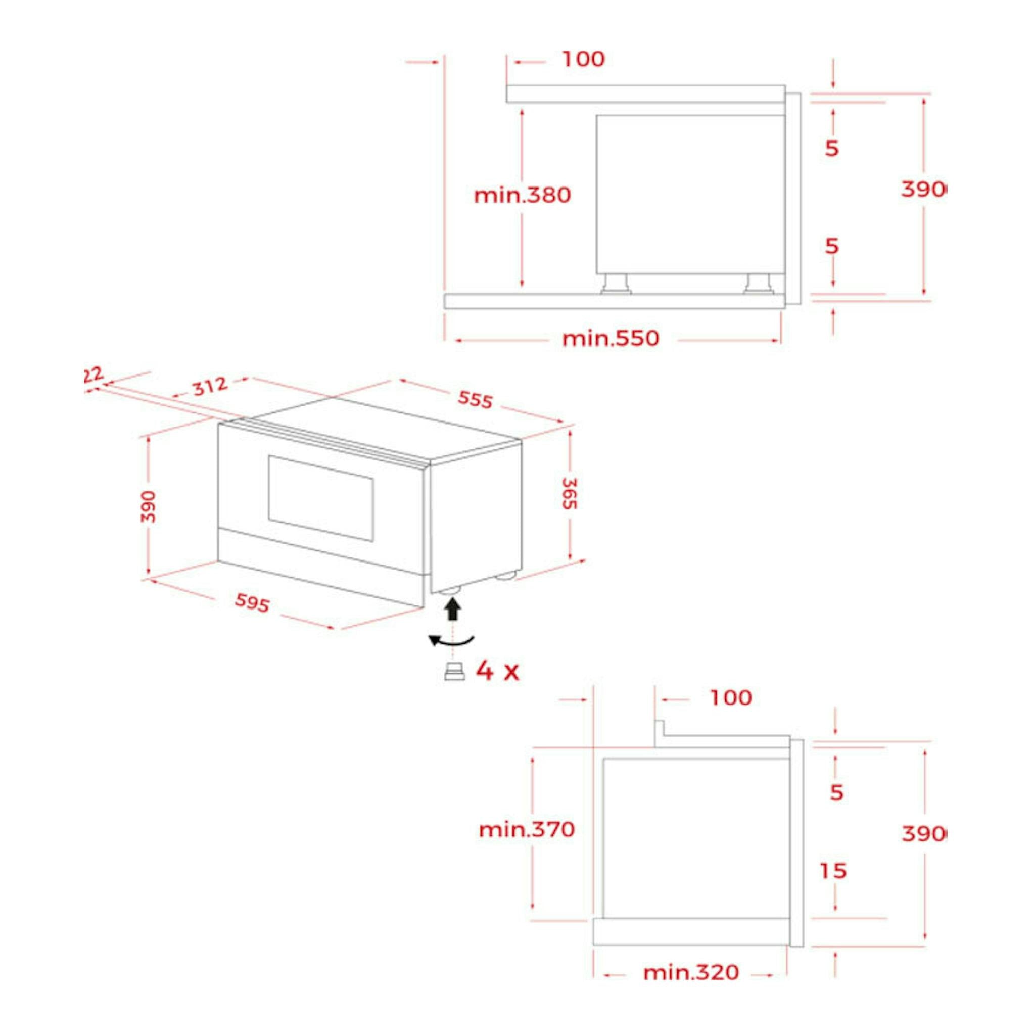 Esquema técnico del microondas integrable Teka ML82VGOGH BIS L gris, con vistas frontal y lateral y medidas.