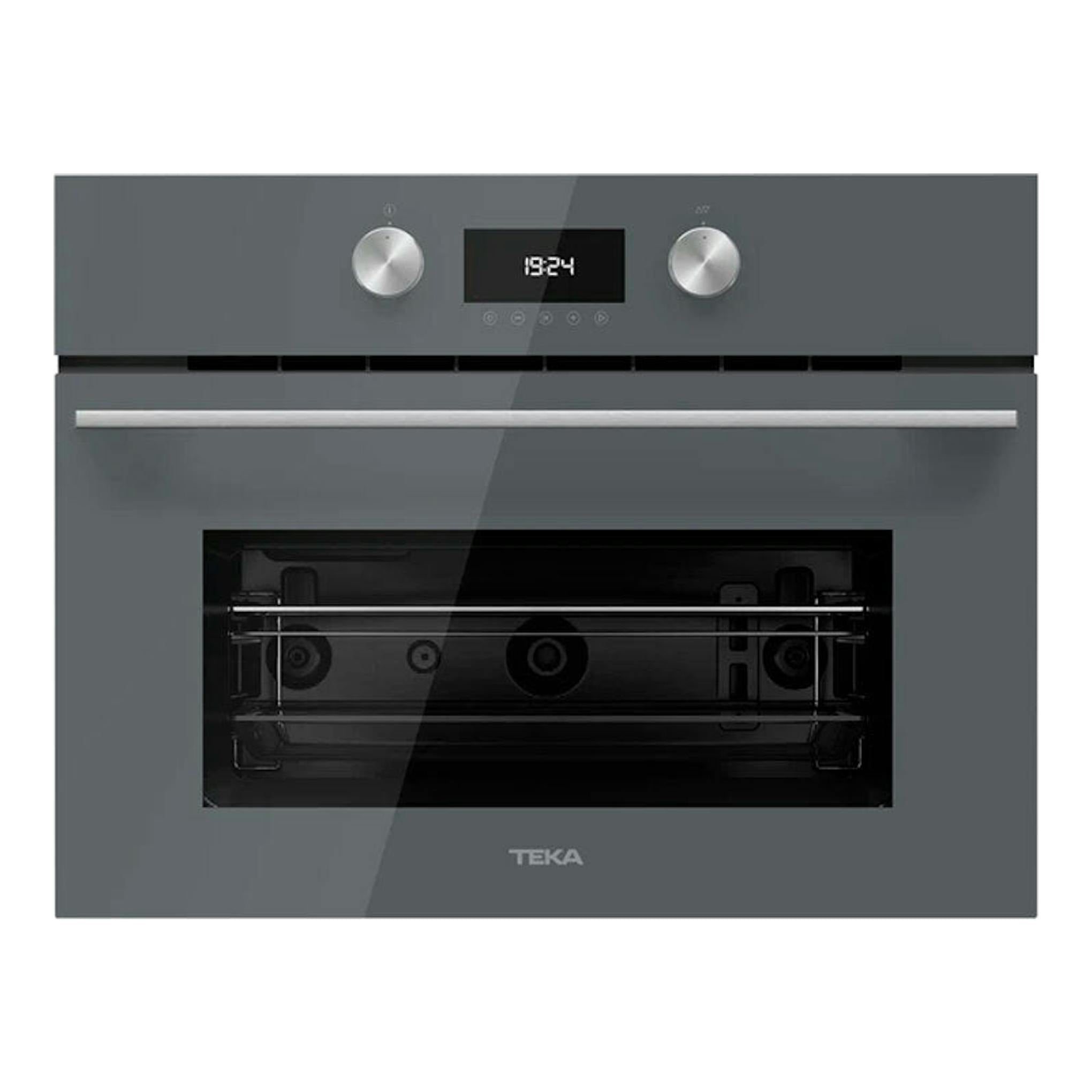 Microondas integrable Teka MLC8440 gris, vista frontal, con panel digital, dos mandos y puerta de cristal.