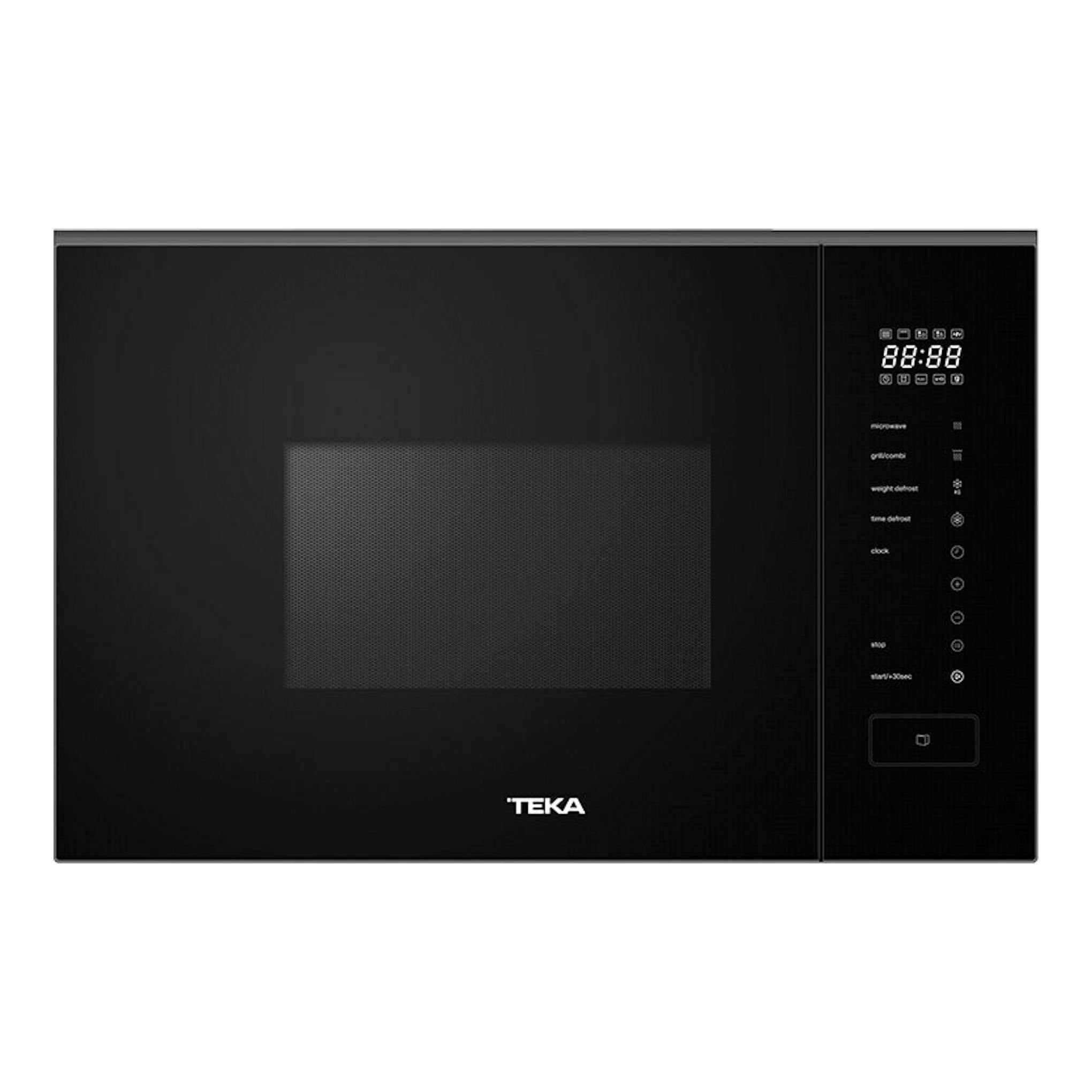Microondas integrable Teka MLEG820FI negro, vista frontal, con panel digital y puerta de vidrio negro.