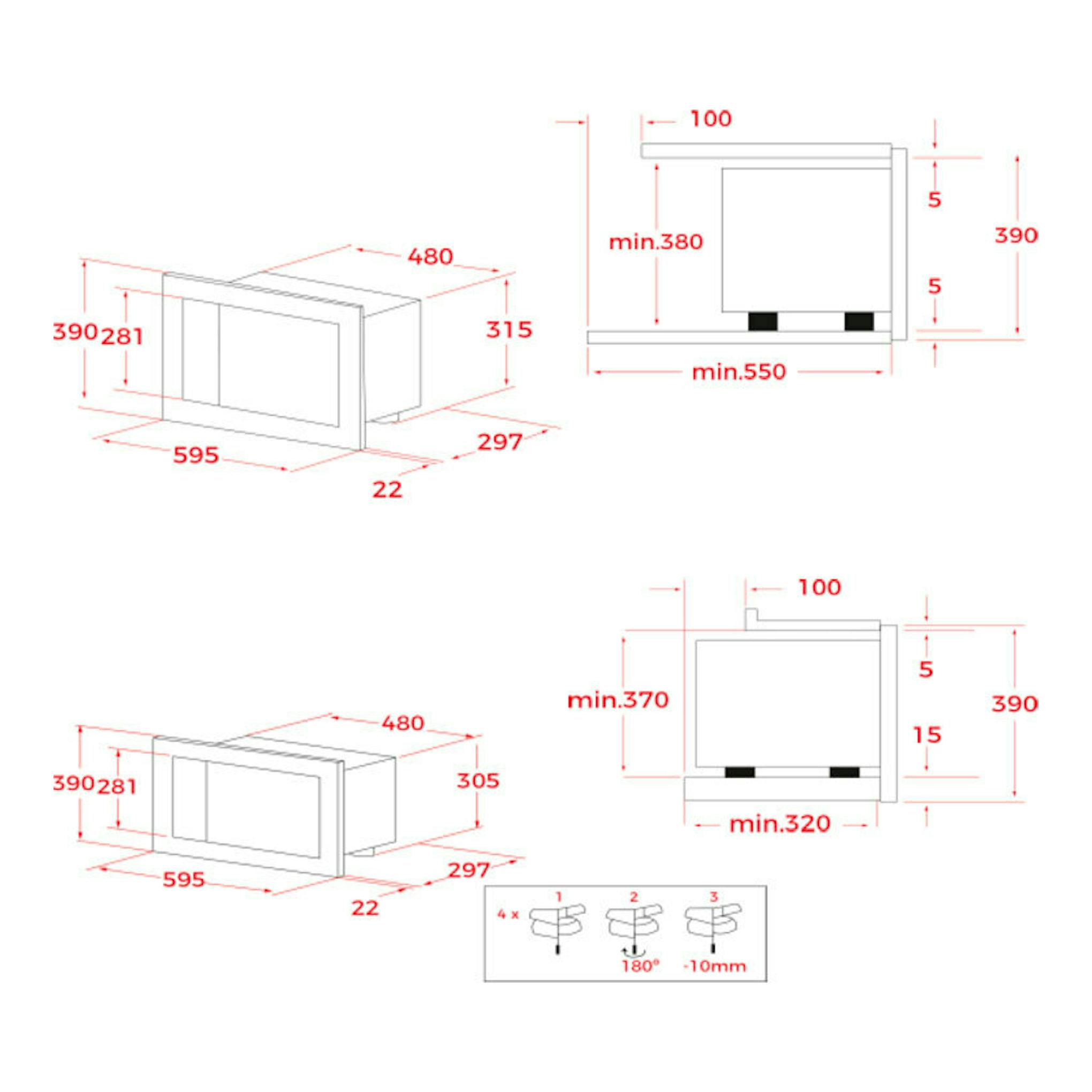 Diagrama técnico del microondas integrable Teka MS6200BIS Inox, con vistas frontal y lateral en blanco y rojo.