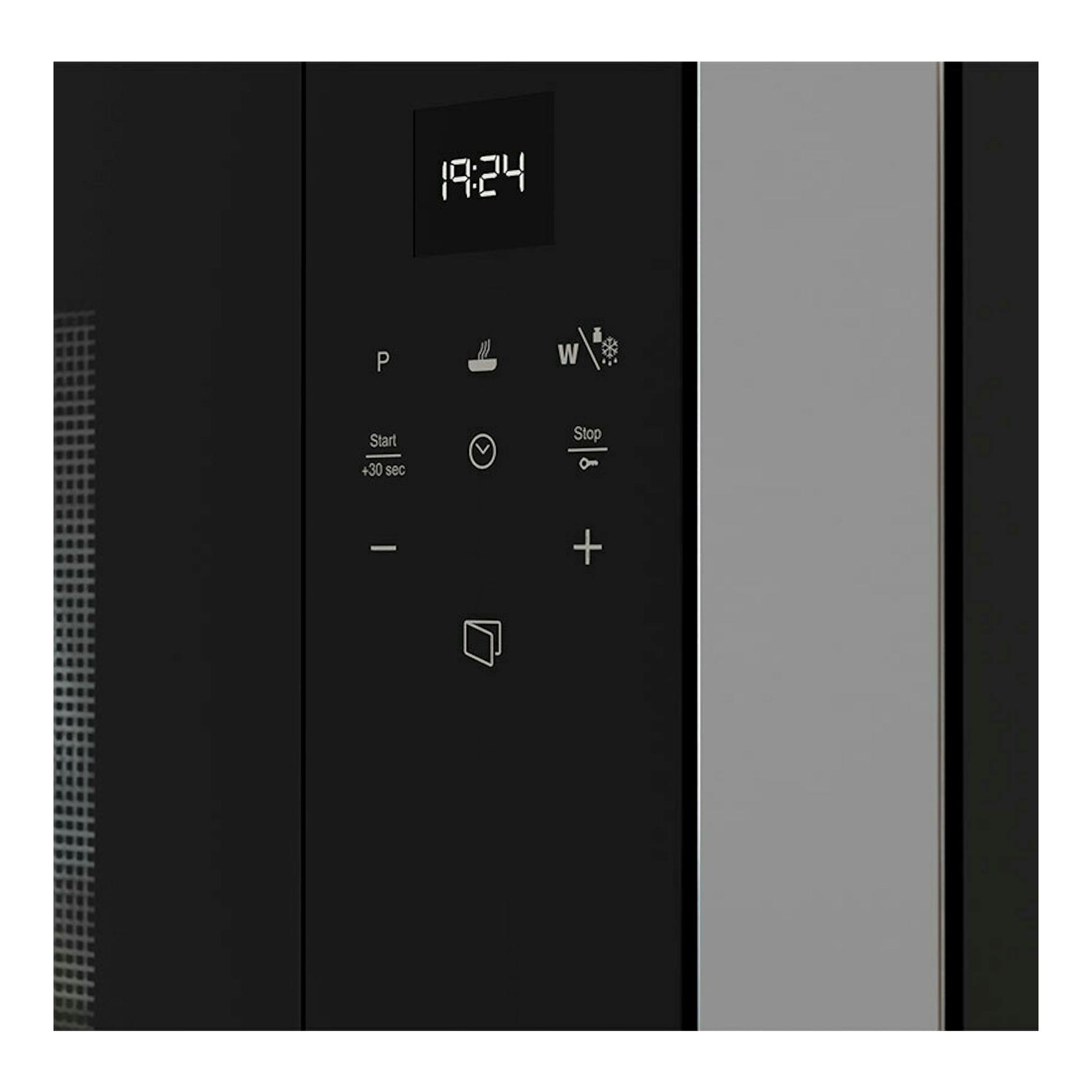 Microondas integrable Teka MS6200BIS Inox, vista frontal parcial en negro con display y controles táctiles.