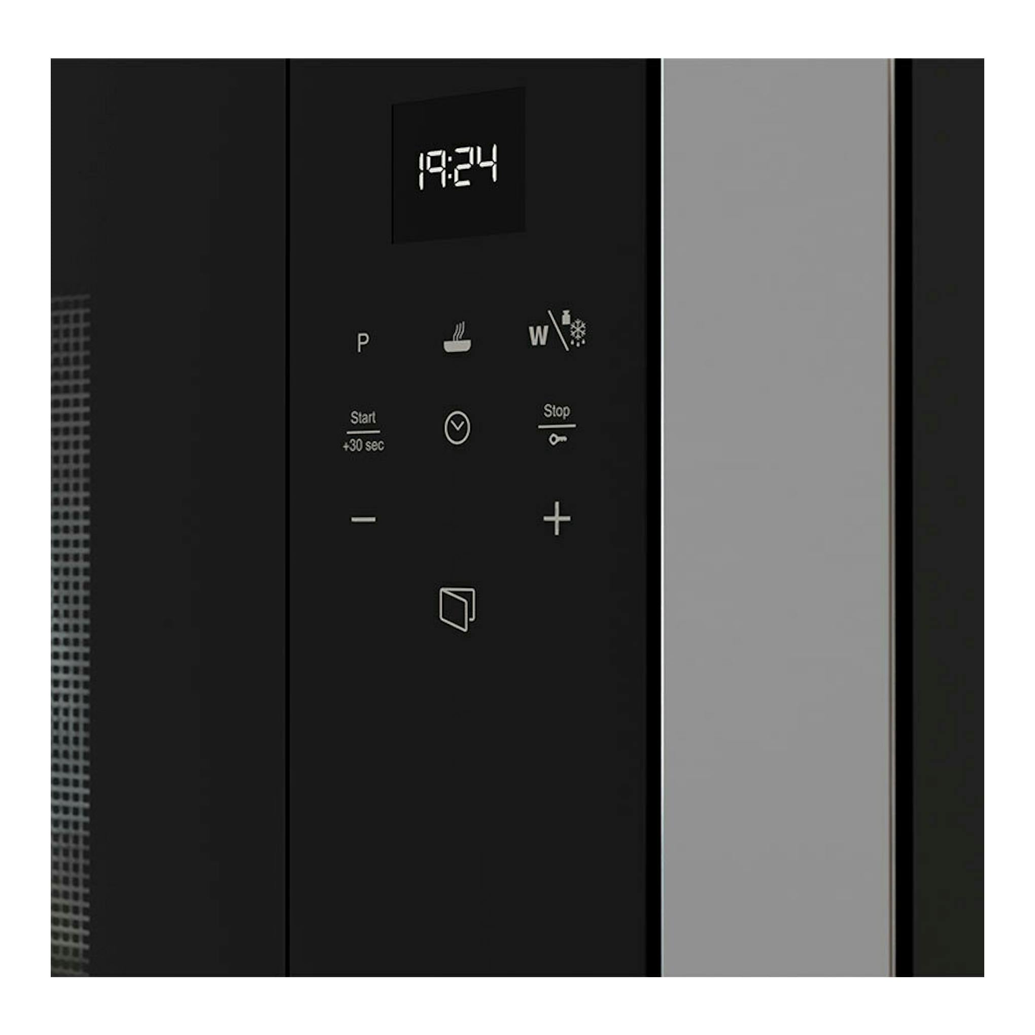 Microondas integrable Teka MS6200BIS Inox, vista frontal parcial en negro con display y controles táctiles.