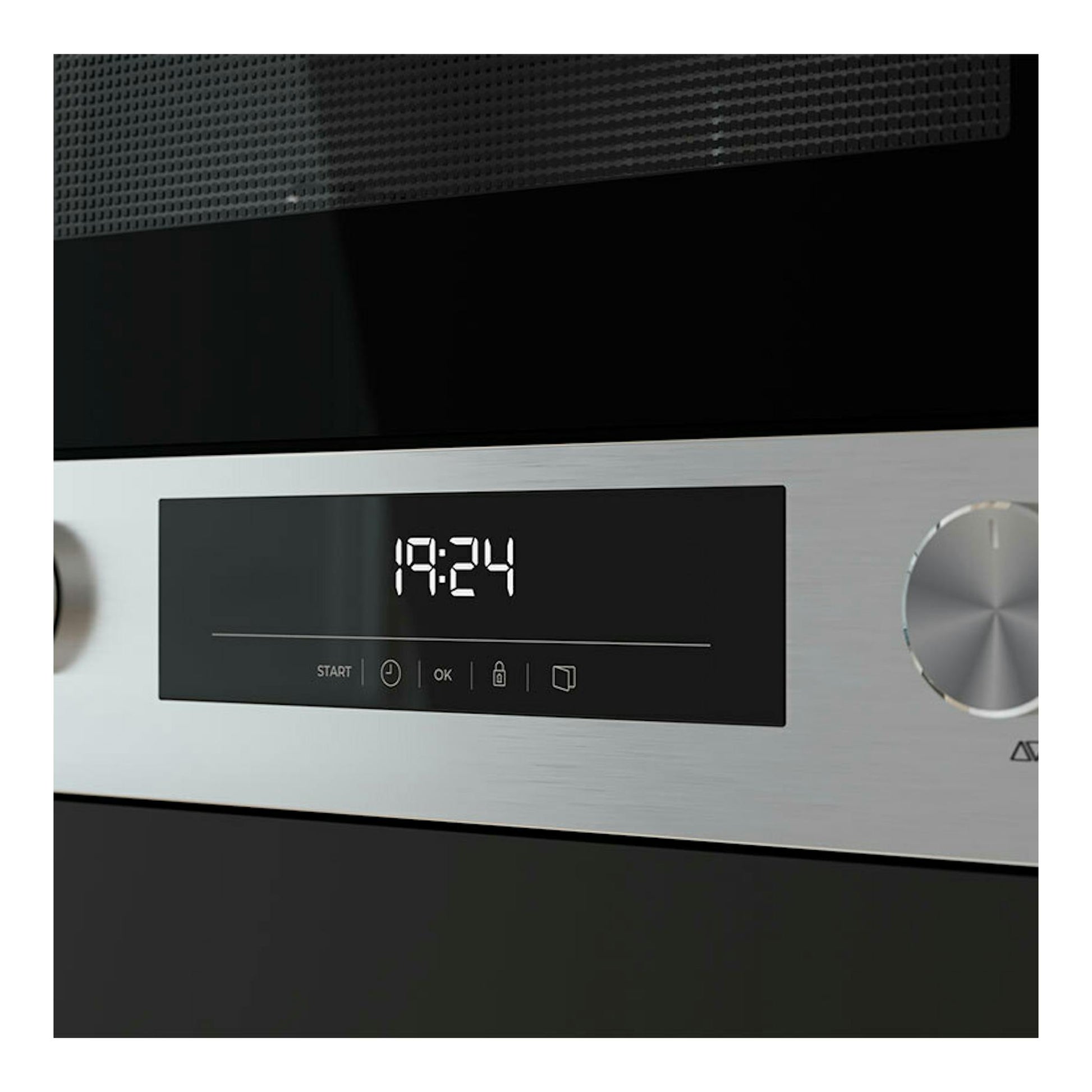 Microondas integrable Teka MS6220BIS L en inox, vista frontal parcial con panel digital negro y mandos plateados.