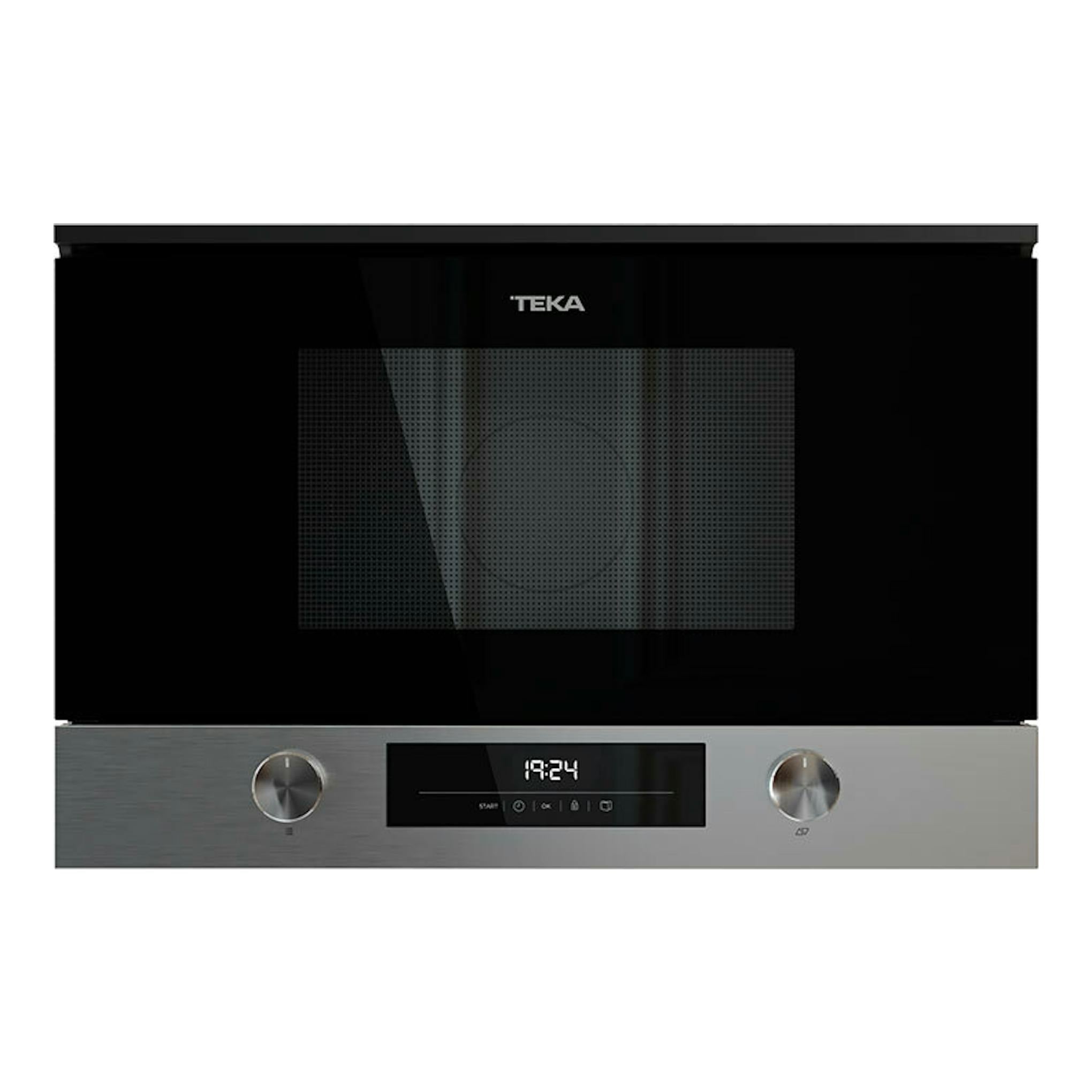 Microondas integrable Teka MS6220BIS R, vista frontal, negro con panel inferior inox y dos mandos.