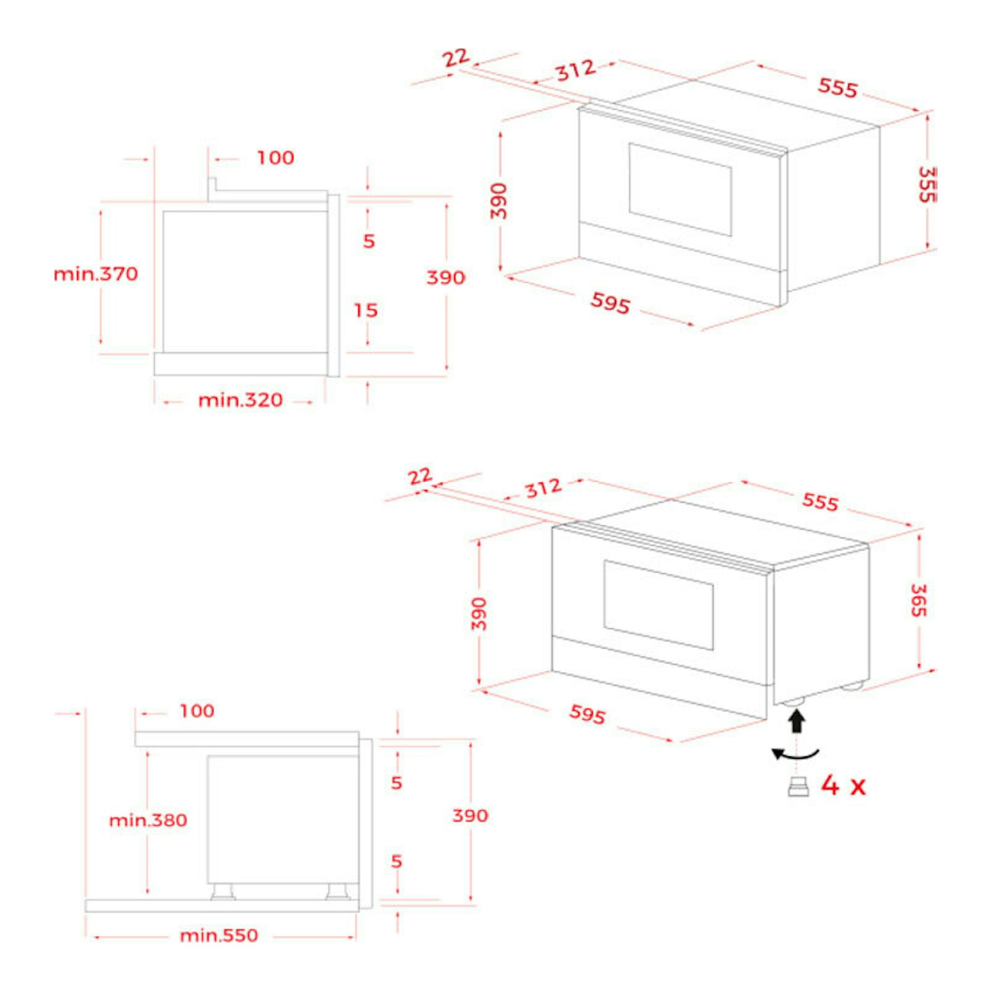 Esquema técnico del microondas integrable Teka MS6220BIS R Inox, con vistas frontal y 3/4 y medidas en rojo.