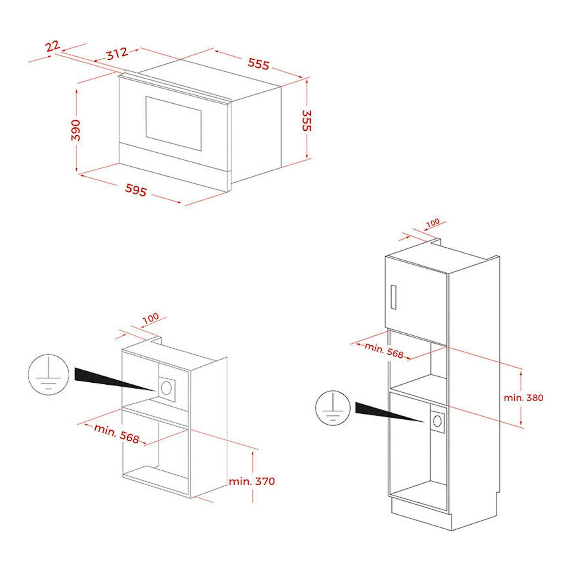 Esquema técnico del microondas integrable Teka MS622BIS LS Inox, con vistas isométricas y medidas.