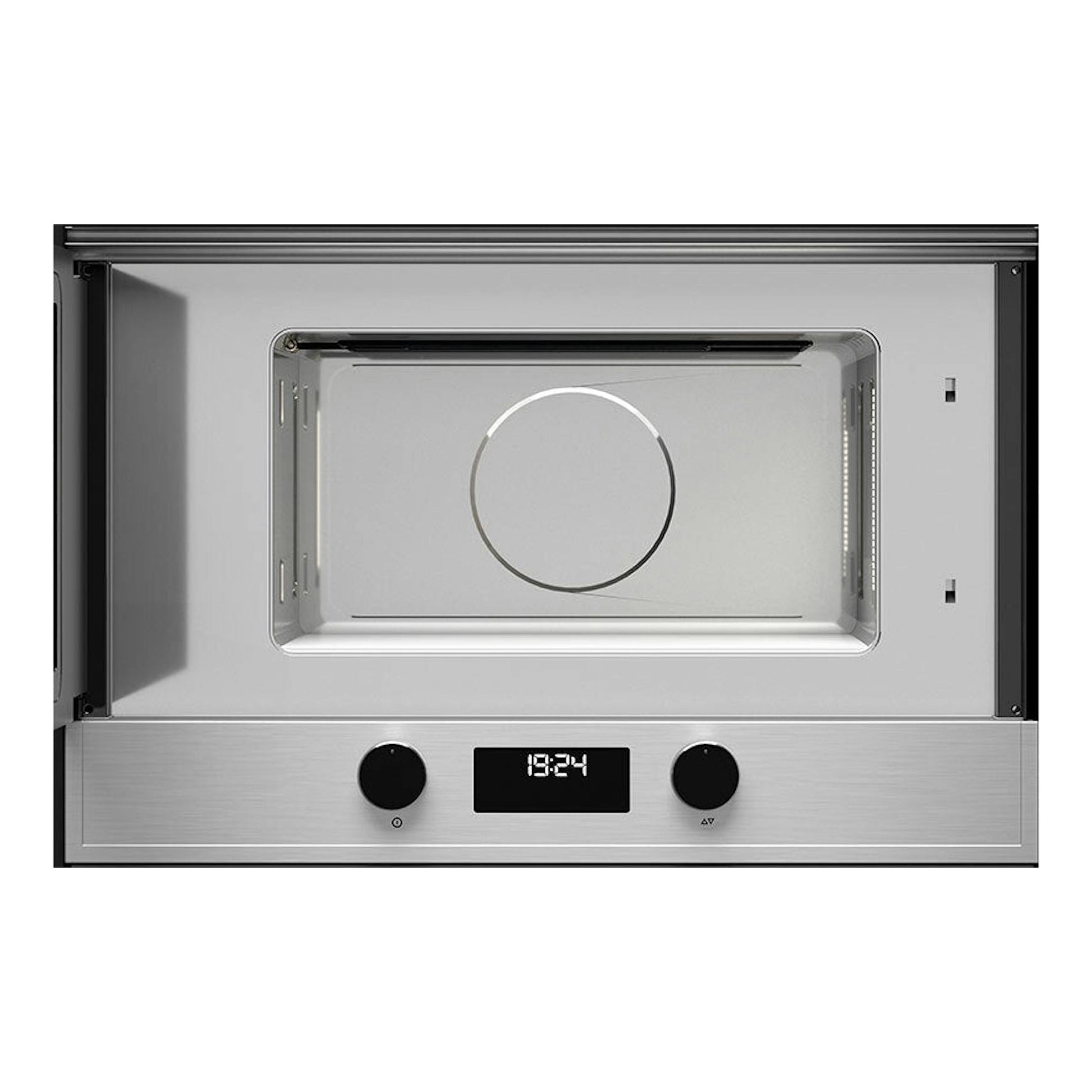 Microondas integrable Teka MS622BIS LS inox, vista frontal con puerta abierta e interior en acero.