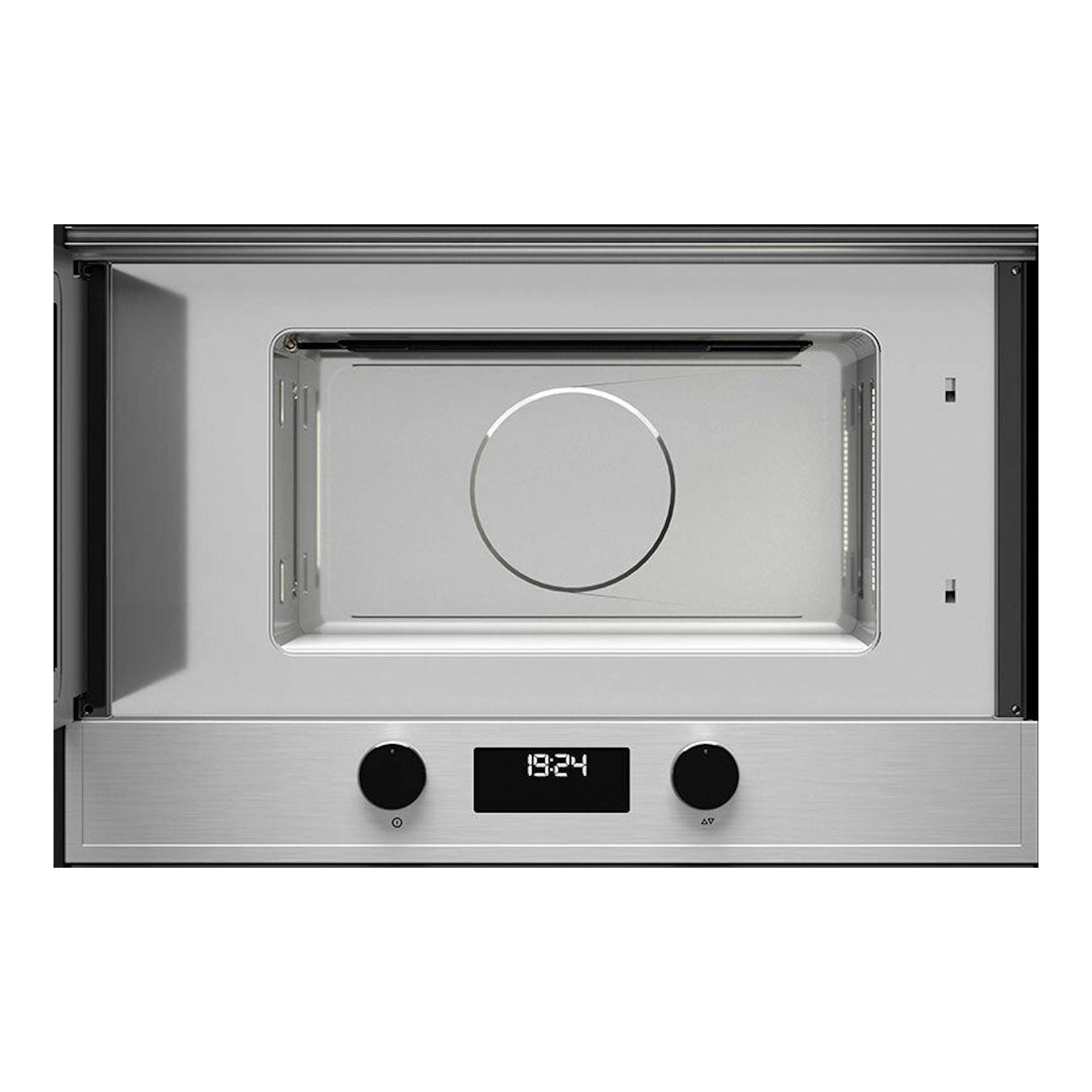 Microondas integrable Teka MS622BIS LS inox, vista frontal con puerta abierta e interior en acero.